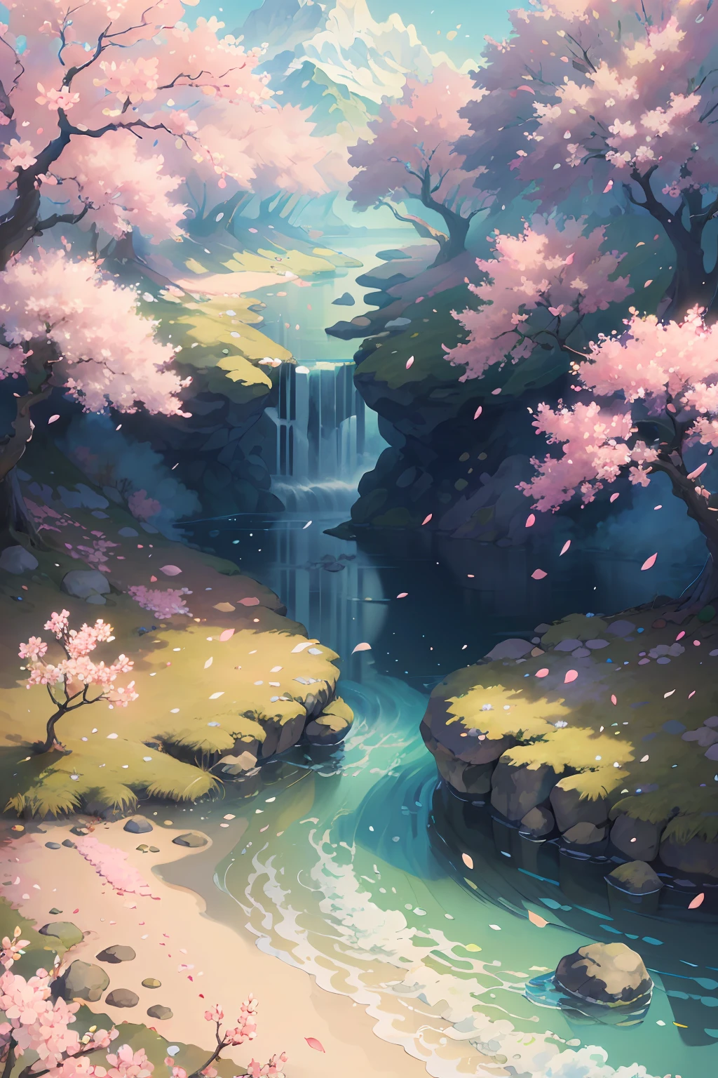 original,(illustration:1.1),(best quality),(masterpiece:1.1),(extremely detailed CG unity 8k wallpaper), (colorful:1.2), sakura tree, sakura petals,landscape,  river|road,