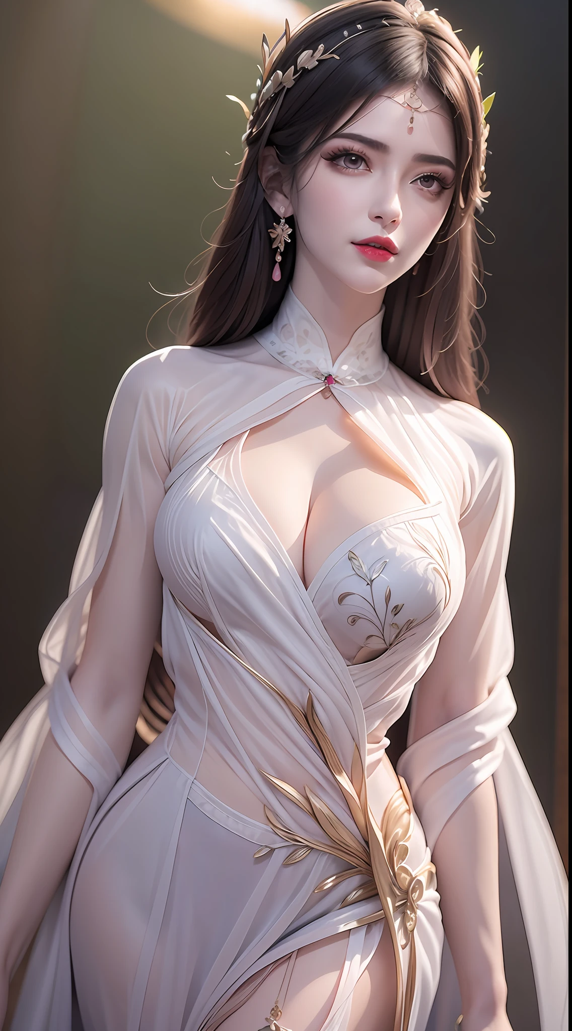 Portrait of a young 20-year-old saint, a saint with a beautiful and super cute face,wearing a very thin and sexy ao dai, beautiful cute face, Ao dai with a deep slit in the chest and attractive black and white lace trim, beautiful face without blemishes, Lovely smile, ((7-color hair length:1.2)), big crown, hair brooch, hanfu dress, chinese ancient style, full body jewelry, forehead tattoo, The female saint's breasts are round and very full, breast augmentation, innocent face, The most beautiful and detailed light red lipstick, ((Thin plump lips:0.3)), delicate pink and white eyes (white and detailed) cinematic, light and dark, dramatic lighting, magical light, extremely detailed light, true color, super sharp, realistic, 8k quality, fantasy universe background, saints and magical space, the most detailed images, Solo, a saintess, ((looking directly at the saint's upper body:0.4)), ((smooth skin:0.5)), ((universe background:1.2)),
