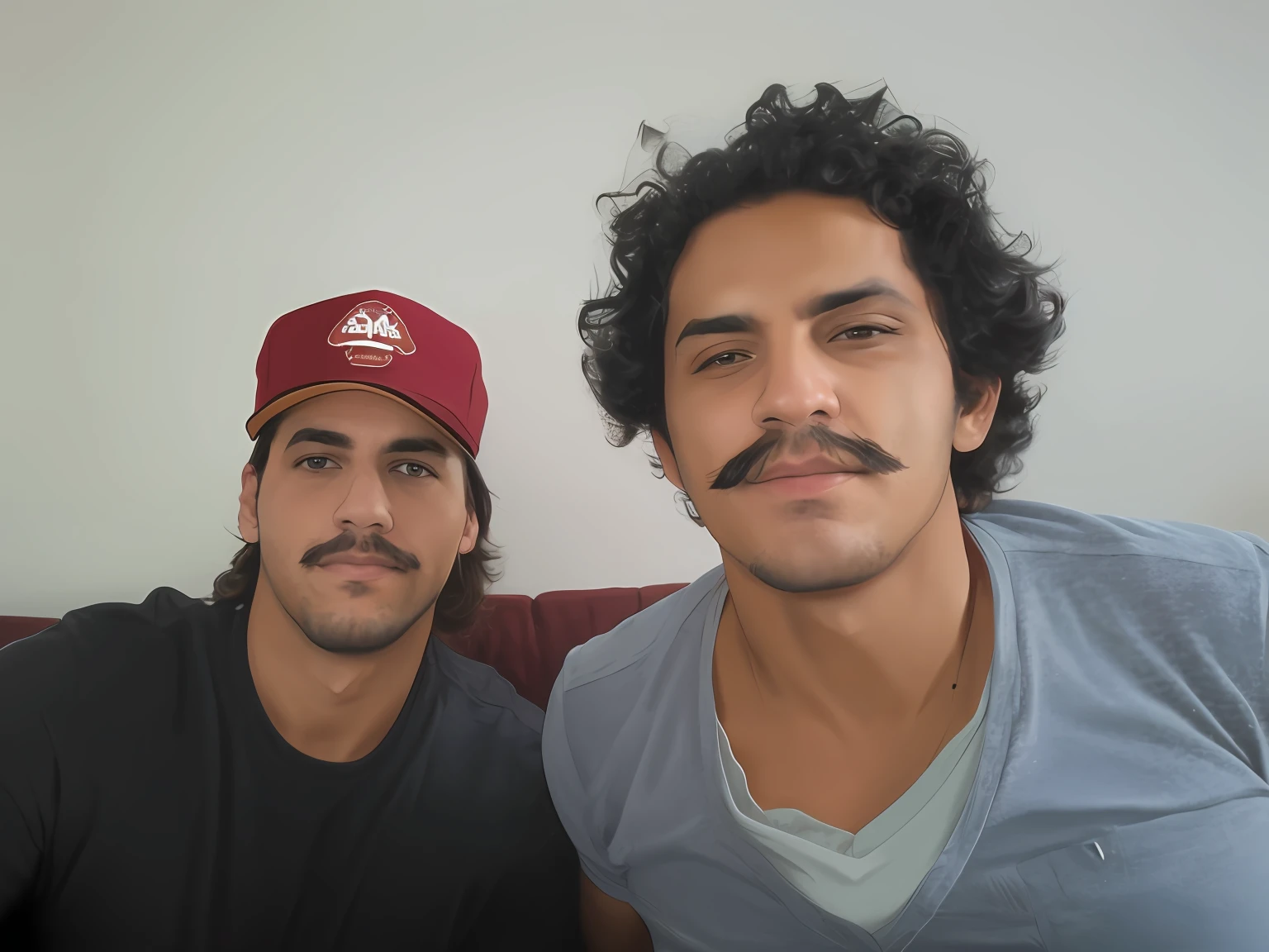 It's two men sitting on a couch with a hat on, JoSan Gonzalez e Tyler Edlin, dois rapazes, sem bigode, testa alta, Mars Ravelo e Greg Rutkowski, testa grande, dois amigos sentados em uma sala, Bigode mexicano, Greg Rutkowski e Edgar Maxence, dois homens bonitos, bigode fino, com bigode