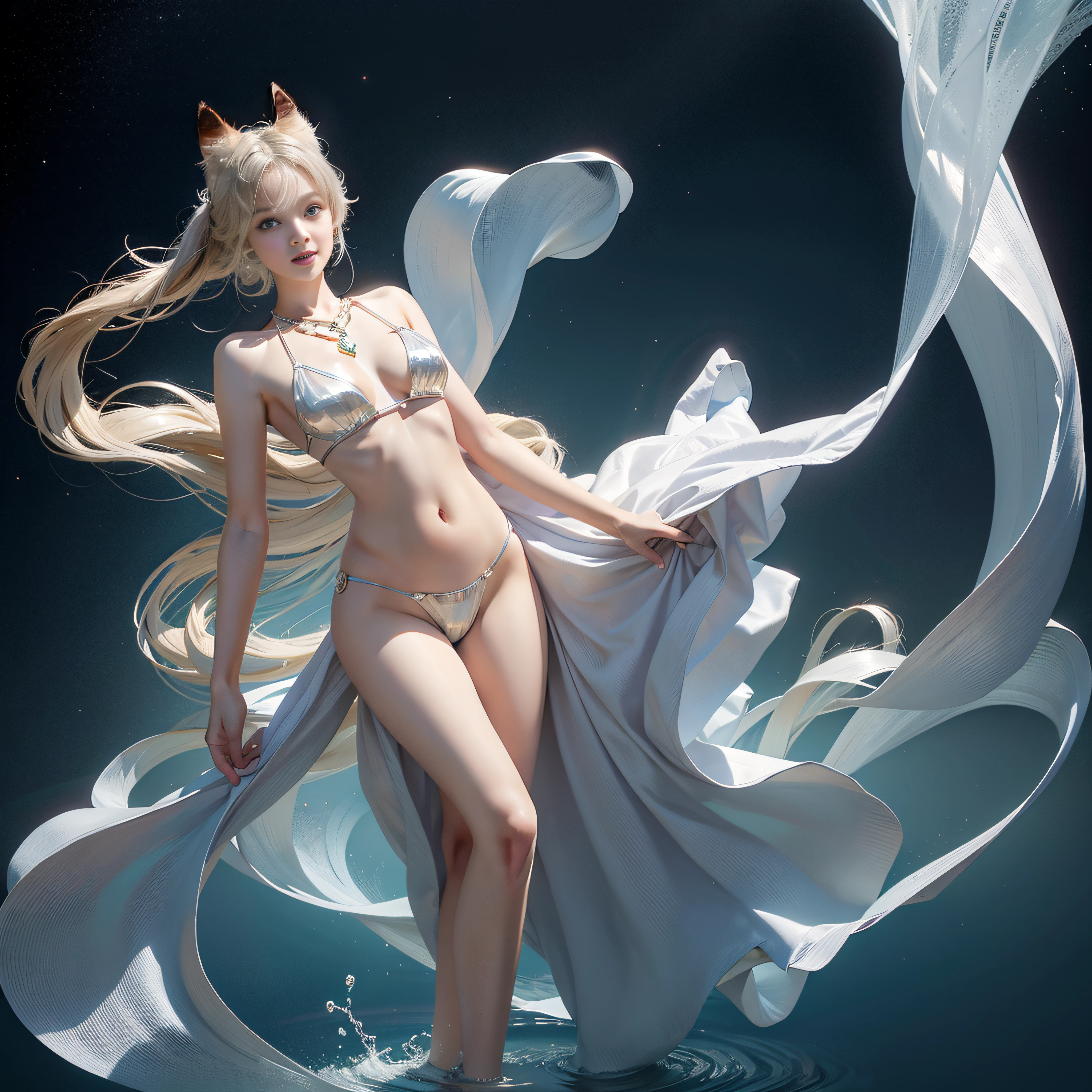 18 year old top girl with cat-eared fox tail dancing in clear sea,Face the camera with your legs straight,She possesses the surrealist femininity of Alphonse Mucha,confident smile,With a delicate and luxurious multi-diamond necklace,Large areas of fair skin,Thin and transparent underwear,Hide hands,The navel is exposed,Rounded buttocks,The legs are slender and feminine,Lively and charismatic,photographrealistic,tmasterpiece。