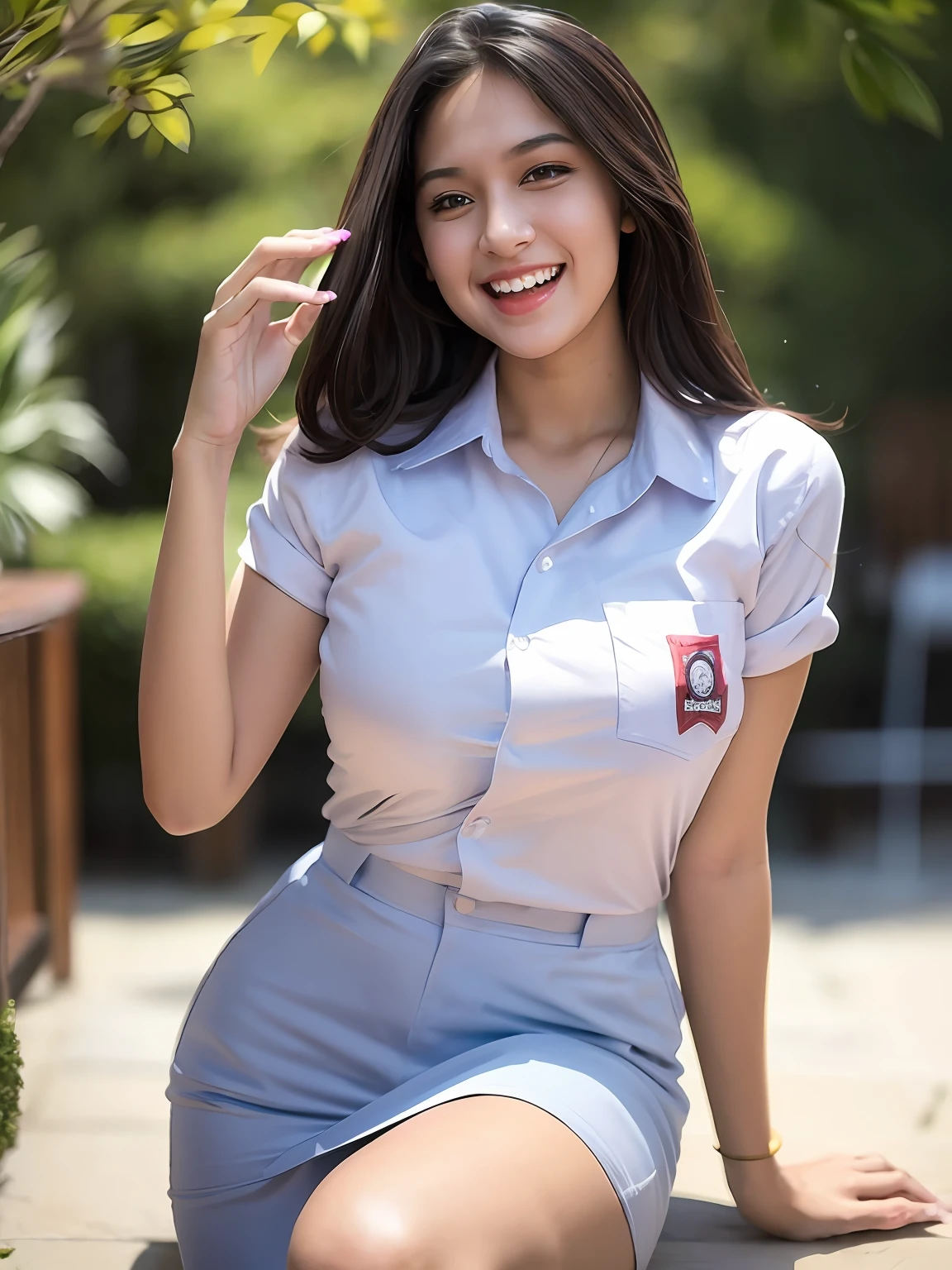 1girl, (uniform_doodle, doodle), outdoors, detailed face, detailed eyes, medium breasts, shiny skin, looking at the audience, (laughing cute: 1.2), (happy), (8k, RAW photo, best quality, masterpiece: 1.2), (realistic, realistic: 1.37), ultra-high resolution, ponytail