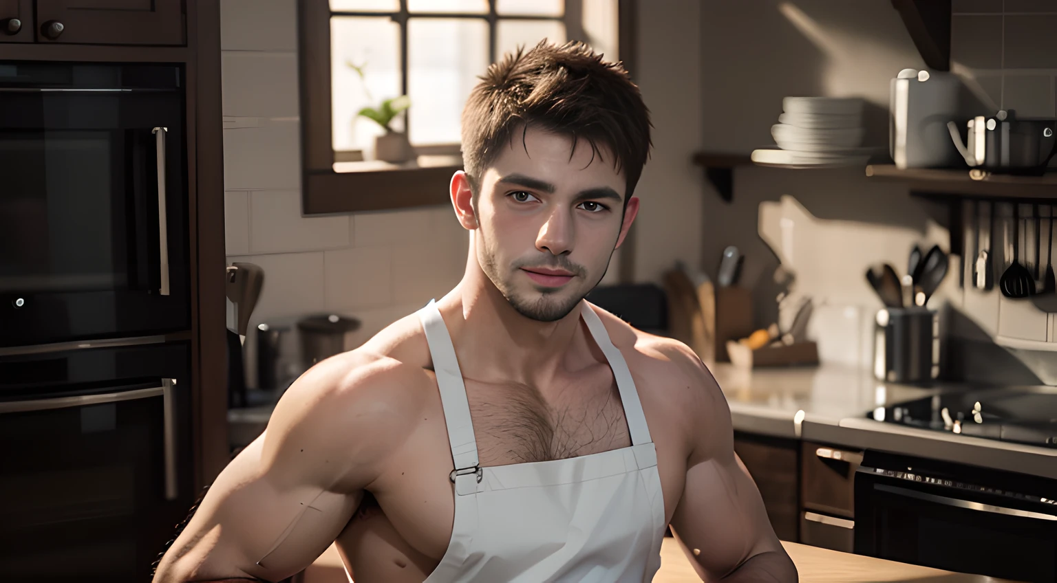 ((Men only)), (head Shot), (Handsome muscular man in apron over bare skin in kitchen),  chris redfield, Mischievous smile, (detaile: 1 in 1), Natural muscles, HIG quality, beautidful eyes, (Detailed face and eyes), (Face、: 1 / 2), Noise, Real Photographics、... ..........................................................................................PSD, Sharp Focus, High resolution 8K, realisitic & Professional Photography, 8K UHD, Soft lighting, High quality, Film grain, FujifilmXT3