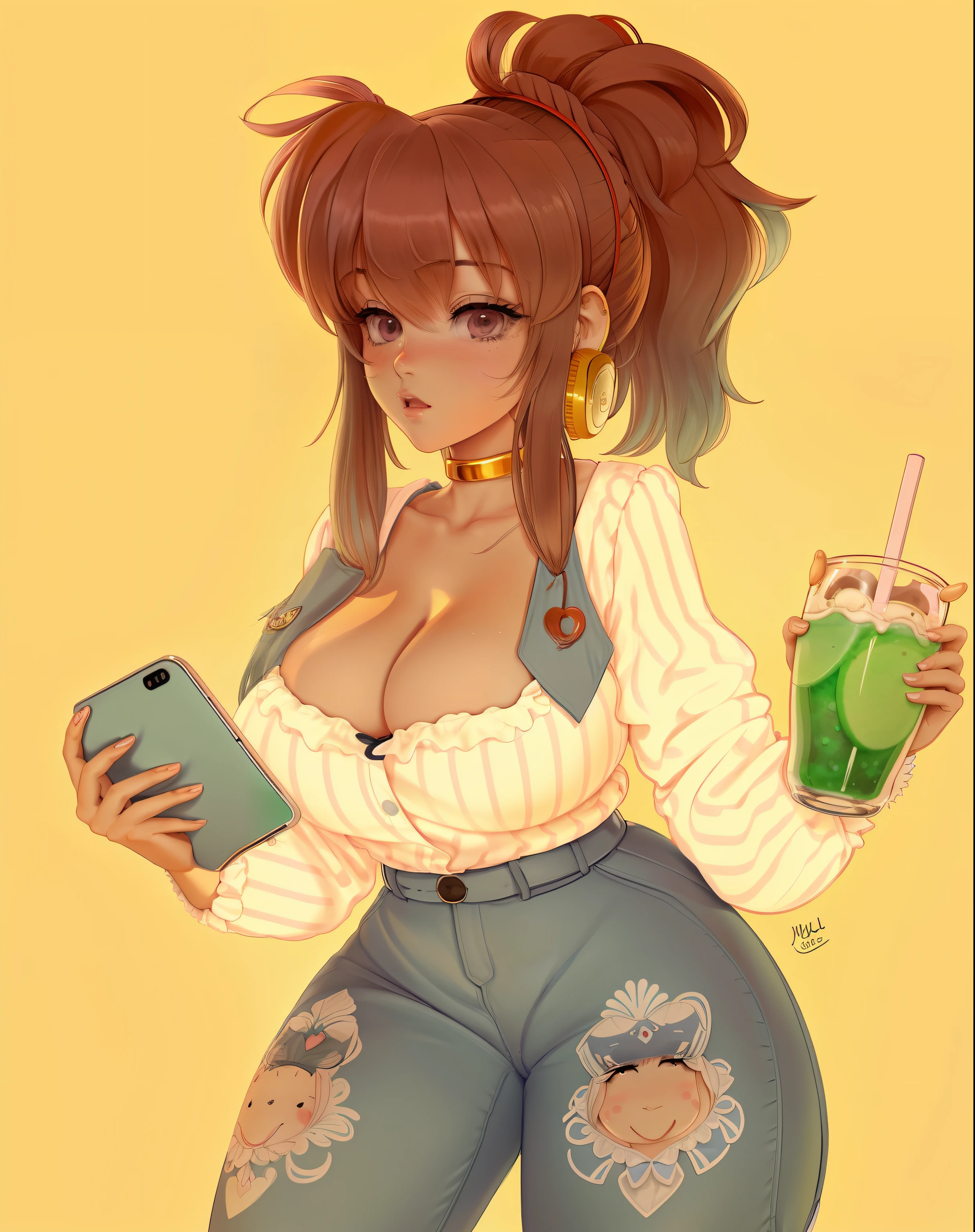 um desenho de desenho animado de uma mulher segurando uma bebida e um telefone celular, soda themed girl, thicc, com uma bebida, OC Commission, segurando uma bebida, full body commission for, estilo de arte bonito, verificando seu telefone, (SFW) seguro para o trabalho, Commission for High Res, no estilo de arte do anime 8 0 s, Pose casual, Vestido casualmente