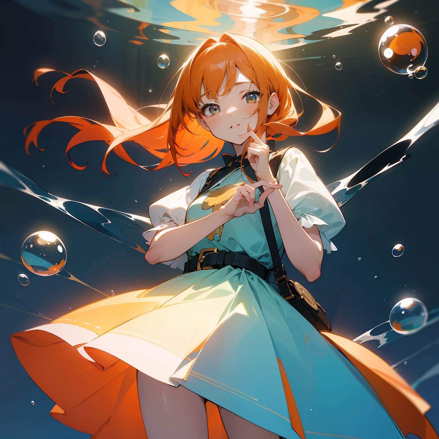 (masterpiece)、(top-quality)、(ultra-detailliert)、(dishevled hair)、(illustratio)、(女の子 1 人)、(Fashionable clothing)、is standing、Fashion Model、looking at the viewers、(interview)、(simple background)、Orange hair、Beautiful fine eyes、Delicate beauty face、Planktonic、(a high chroma)、(colorful water splash)、Colorful bubbles、(brilliance)、Focus on the face、