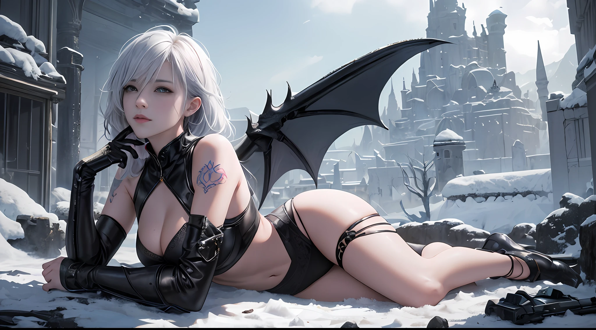 Photorealistic, Ultra photo realsisim, Extremely detailed, ultra - detailed, Soft lighting, Detailed background, Extreme detail background, sharp detailed, ((full bodyesbian)), woman，solo person，Dragon's horn，Bat wings，fog atmosphere，Leather clothes，Tattooed with，wildness，white color hair，Contre-Jour，Snow-capped mountains in the background，photorealistic portrait，dynamicposes，dramatics，hdr（HighDynamicRange）,Ray traching,NVIDIA RTX,Hyper-Resolution,Unreal 5,Subsurface scattering、PBR Texture、post-proces、Anisotropy Filtering、depth of fields、maximum definition and sharpness、Many-Layer Textures、Albedo e mapas Speculares、Surface coloring、Accurate simulation of light-material interactions、perfectly proportions、rendering by octane、Two-colored light、largeaperture、Low ISO、White balance、the rule of thirds、8K raw data、