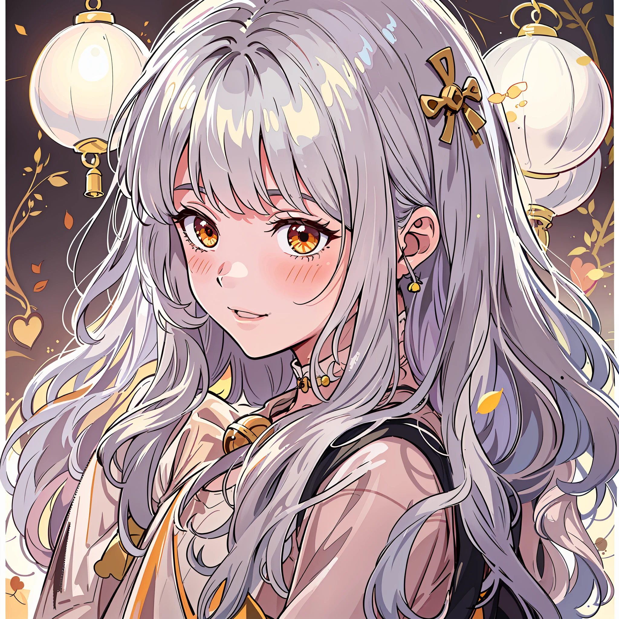 The girl has long eyelashes, Apricot eyes, Silver hair, Double dango bag, There are bells in the hair, ssmile, Standing painting style,Perspectiva subjetiva,Persona diagram,Seven-doppelganger shot,romanticism lain,style of anime,Divine sense top light,8K,acurate,The is very detailed,best qualtiy