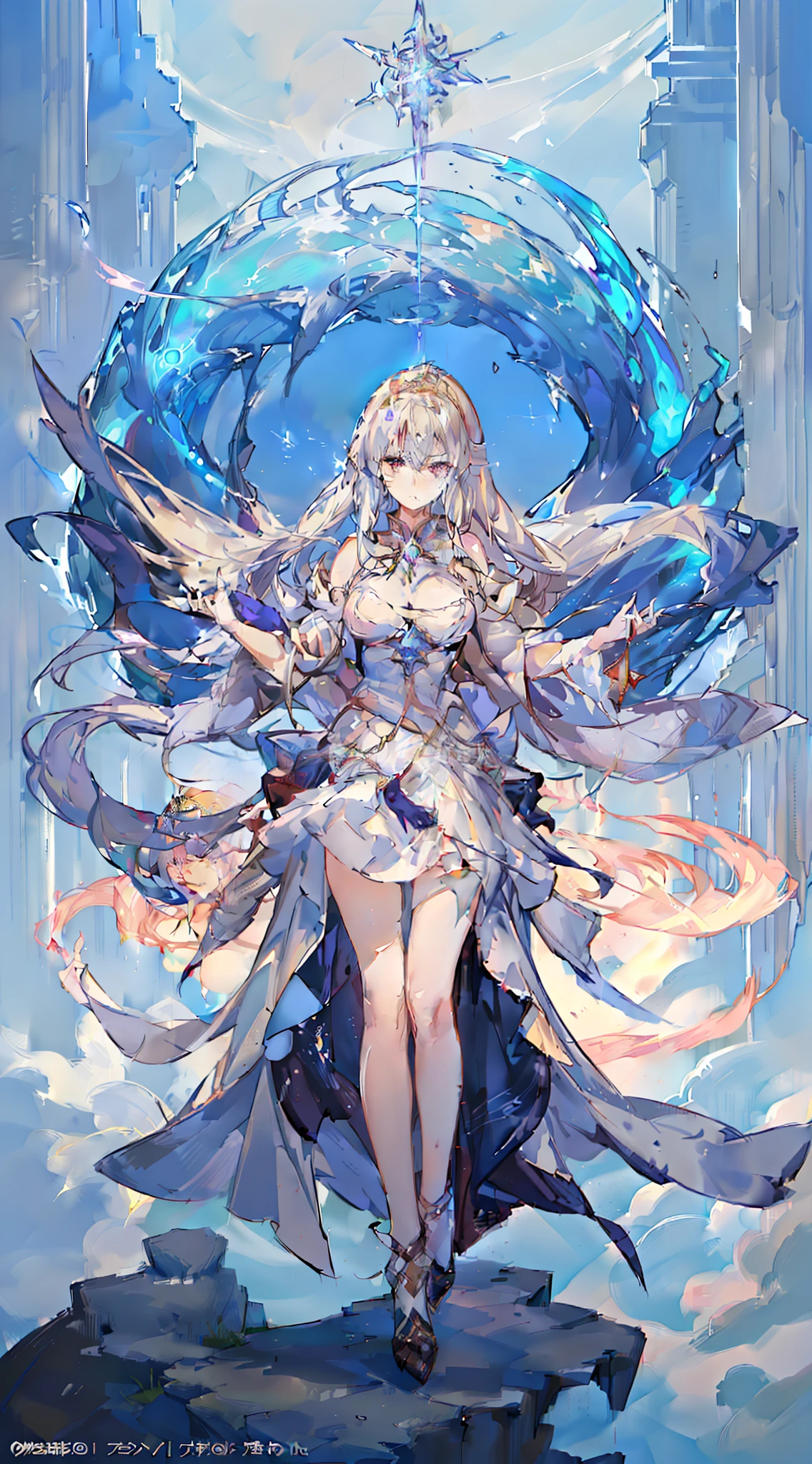 Anime girl standing on platform and red dress, Anime goddess, Goddess of Light, ice sorceress, Beautiful celestial mage, ethereal anime, beautiful fantasy anime, high detailed official artwork, Anime fantasy illustration, queen of ice and storm, ((a beautiful fantasy empress)), trending on artstation pixiv, Goddess. Extremely high detail