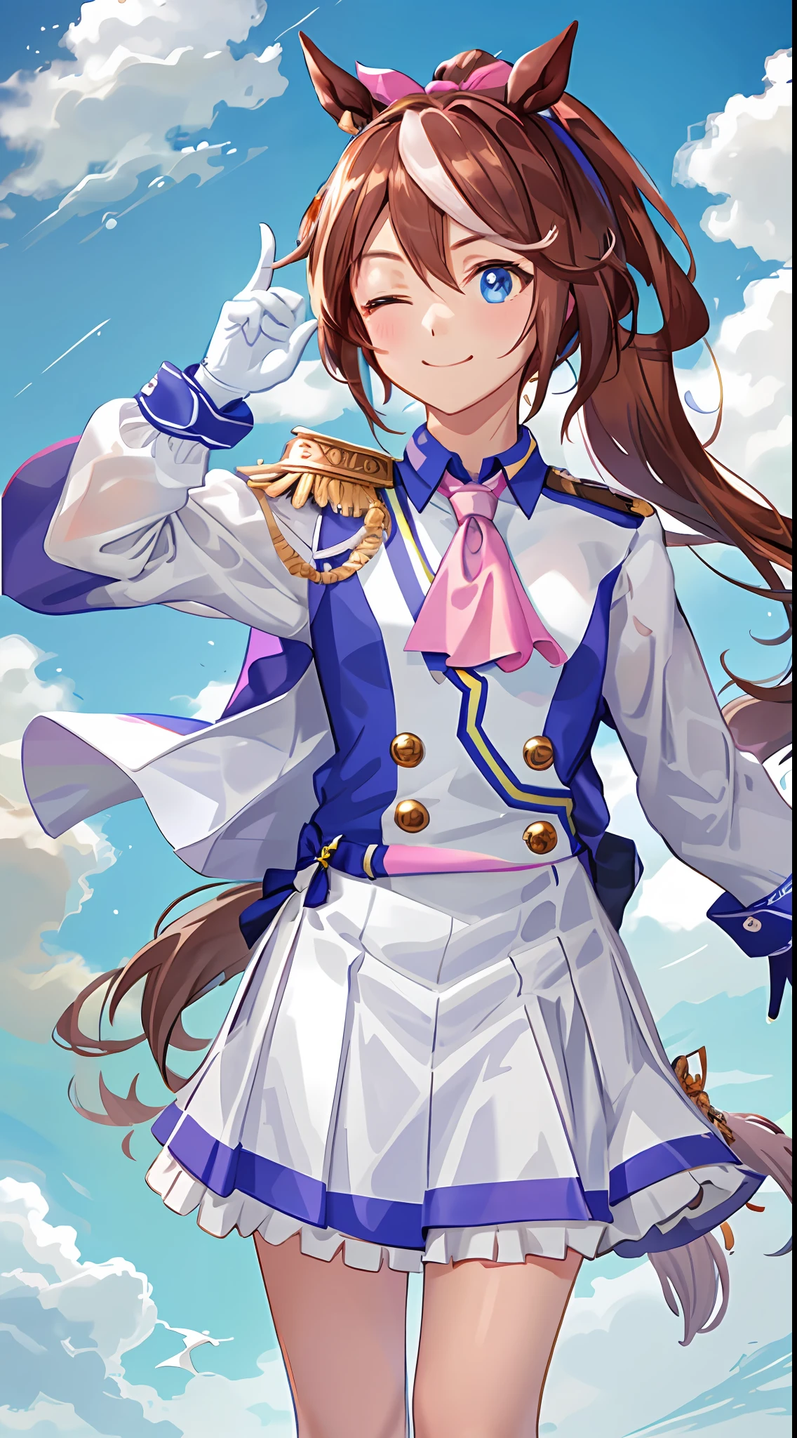 ((Masterpiece, Best quality)),1girll,Tokai Teio,Tokai Teio(Racing clothes),Horse Ears,Horse girl,Brown hair,Long hair,High ponytail,streaked_Hair,Multicolored_Hair,Blue eyes,epaulette,Pink_ascot,Skirt,Long_Sleeves,asymmetrical gloves,White_Jacket,Hair_ribbon,Multicolored_clothes,White_Footwear,knee_Boots ,cheerfulness,One eye closed, pointing at viewer, Outdoors,
