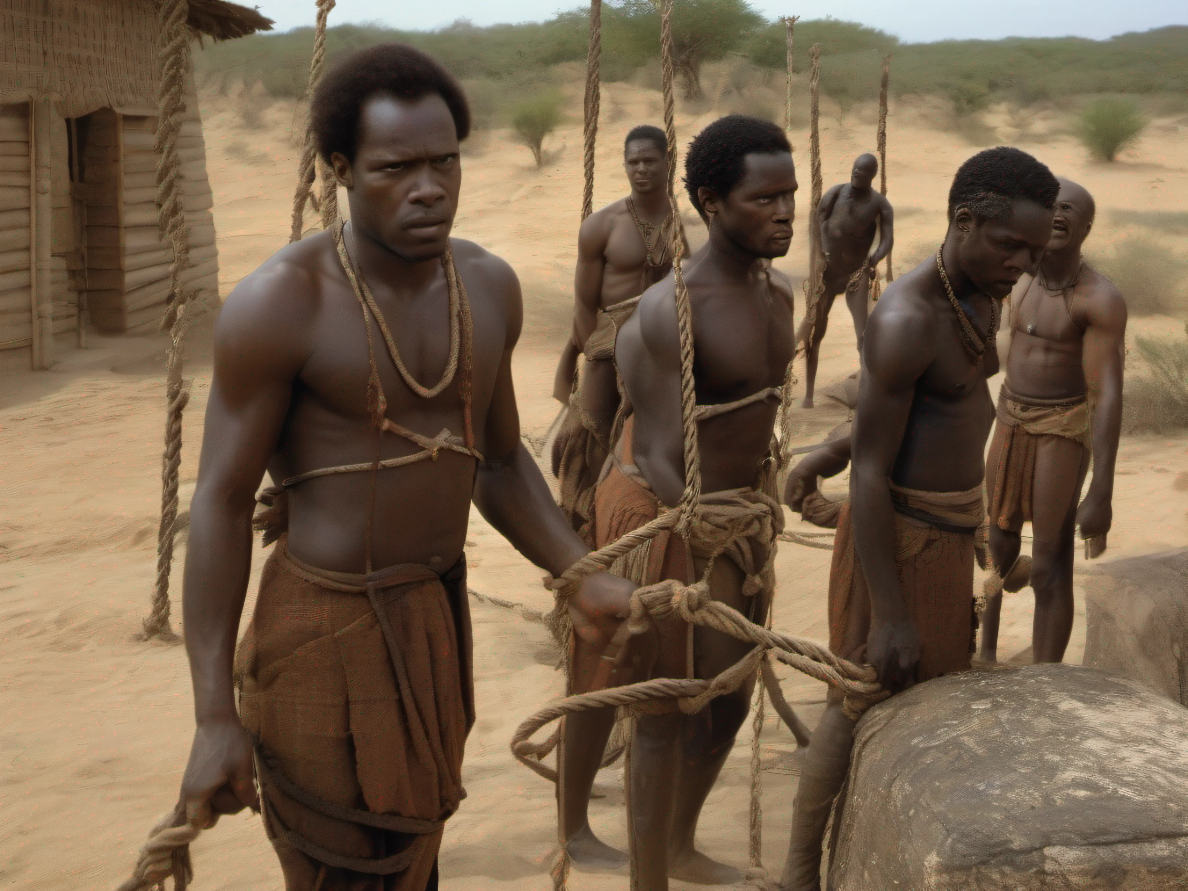 Five half-naked African slaves tied with a rope, descendant un escalier, tristesse dans les yeux, corps entier nu, no clothe, pas de coiffe, cheveux noirs, Dynamic scene from the movie Amistad, looking at the 50mm camera, Realistic photo HD, Diffuse light, Rebel Republic Environment, , hyper detailed, Whole size, Plusieurs hommes et femmes esclaves debout, loin cloth, esclaves, Himba, corps entiers, all are chained, chaines en fer, Hands tied with a large rope, Homme africain, Enslaved humans, Screenshot of movie 300, Samuel Jackson, africain, The man has black skin, Scene from the movie Amistad, dark-skinned, pagne
