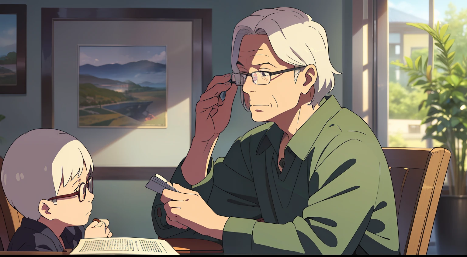 "Elderly Man with Glasses, White Hair, Sitting on a Chair, Boy, Black Hair, Five Yening to a Story; Andersen Comic Art Style, Ultra HD, Ultra Detailed, Masterpiece."