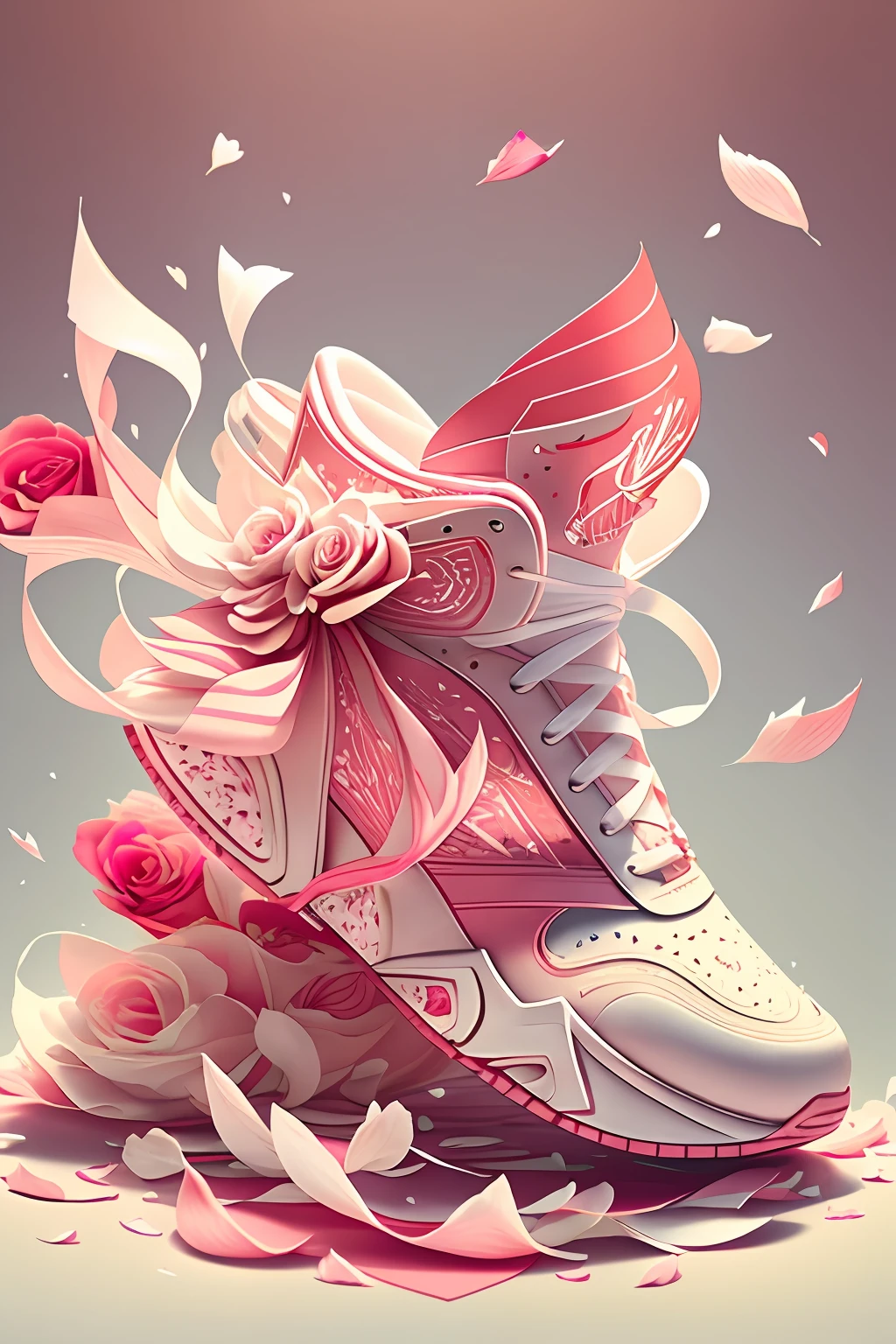 Luxury white and pink running sneakers for women、Scattered rose petals、Published in magazines、The brand name is「Tiptop」、cute little、Beautiful fece、Red as an interpolation color、lots of ribbons、Perfume is on display、Fantasia、A world like a picture book