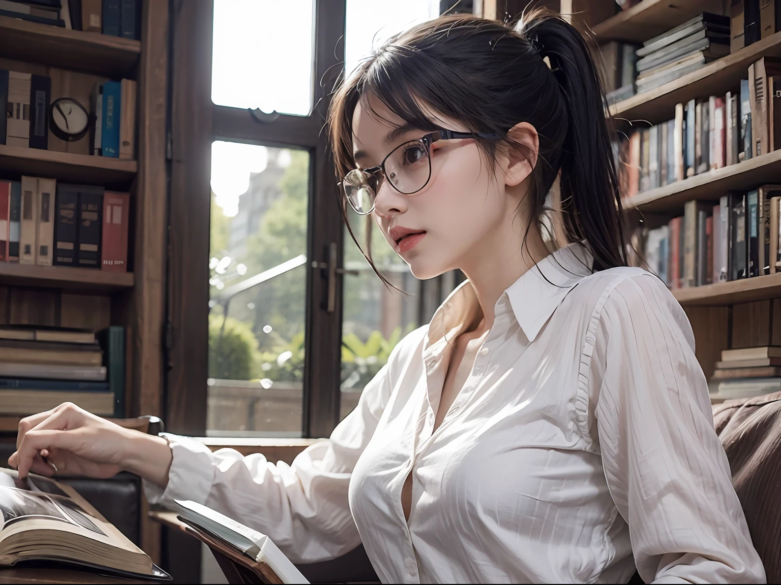 20 yo woman， brunette color hair， short ponytail hair， thin frame glasses， Thinking face， （Wear an open button shirt， Medium breasts with）， Sat down， learn， BREAK BREAK BREAK， lying on sofa，  opened book， book， BREAK BREAK BREAK， in living room， Wall decoration， Mini library， glass window， wall clock， BREAK BREAK BREAK， cinematric light， realisticlying， tmasterpiece， Best quality at best， Complex CG，Highly detailed face，High detail eyes，