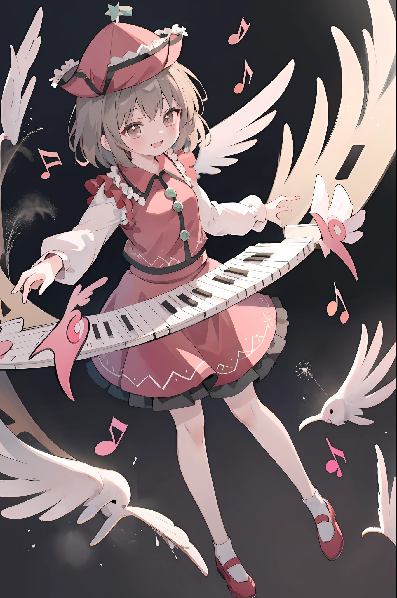 masutepiece, Best Quality,  Lyrica Prism River, 1girl in,Smile,hat,Brown hair,Brown eyes,Short hair,Skirt,musical instrument, keyboard (musical instrument),greybackground, [[Tangled fingers]], [[[multiple limbs]]]