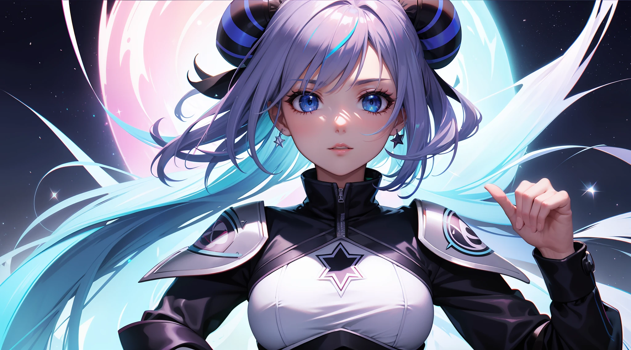 Mulher ninja com fone de ouvido sentido paz, olhos brilhantes com estrela, rosto bonito, cores RGB, cabelo rosa brilhante, colorido anime, fundo brilhante, Banner for youtube video, menina feliz, nuvens com cores RGB, cores RGB brilhantes, completo, ser celestial, garota gamer..