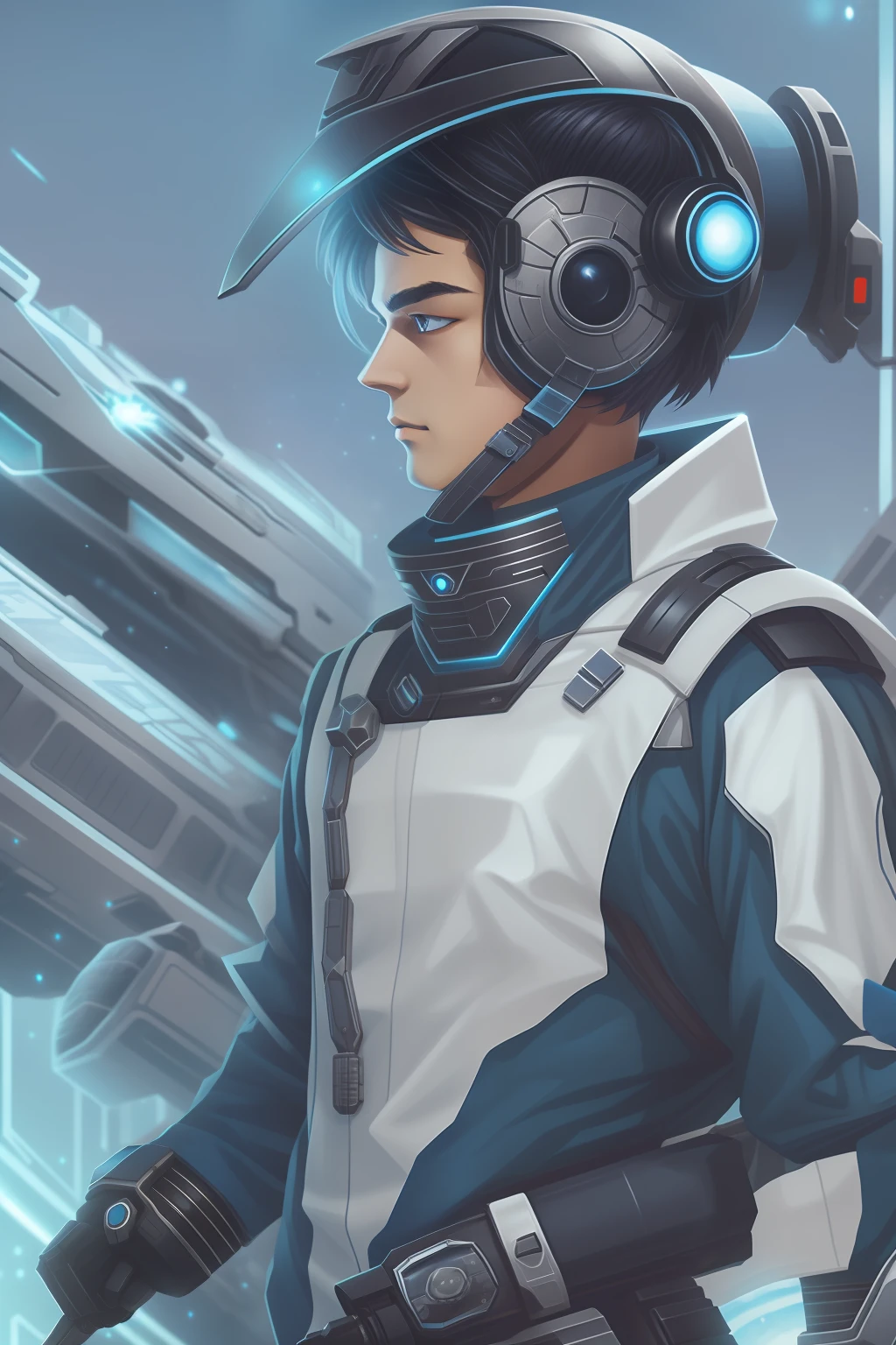 Sci-fi floating cannon,Dashing boy,Blue and white clothes,scifi style,black color hair,Helmet with sci-fi style