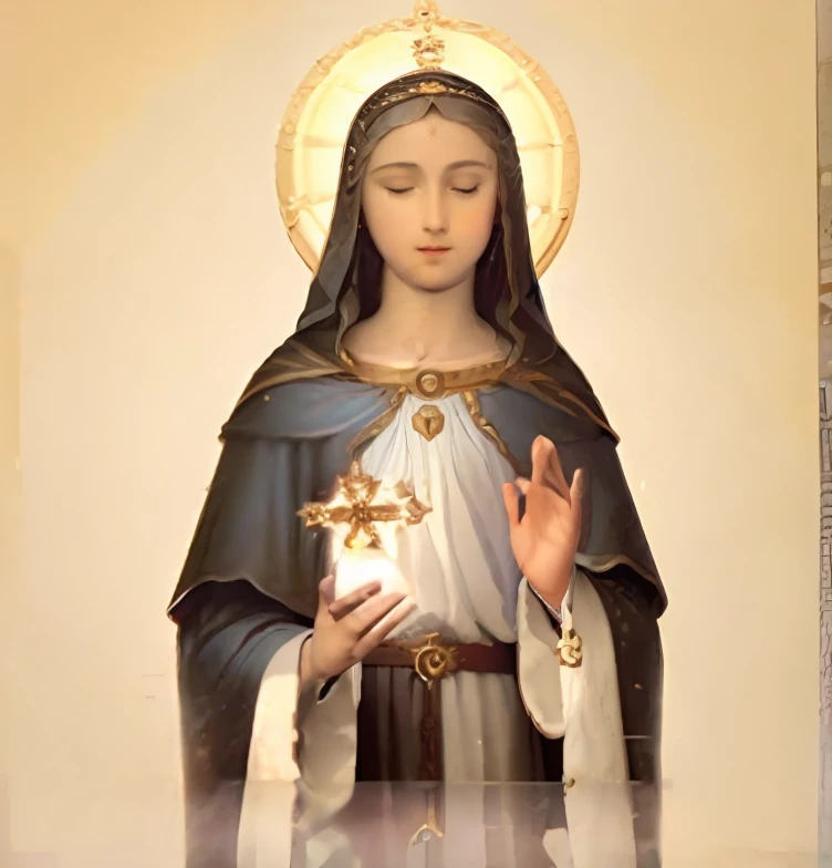uma pintura de uma mulher com vestes de freira segurando uma pequena casa, majestosa mulher de santo, padroeiro do 🛸🌈👩🏾, santa mulher, mary in a sanctuary, roman catholic icon, queen of heaven, catholic icon, santas mulheres, santo, inspirado em Mary Cameron, inspirado no Mestre da Lenda de Santa Luzia, Virgem Maria, Catholic, Holy