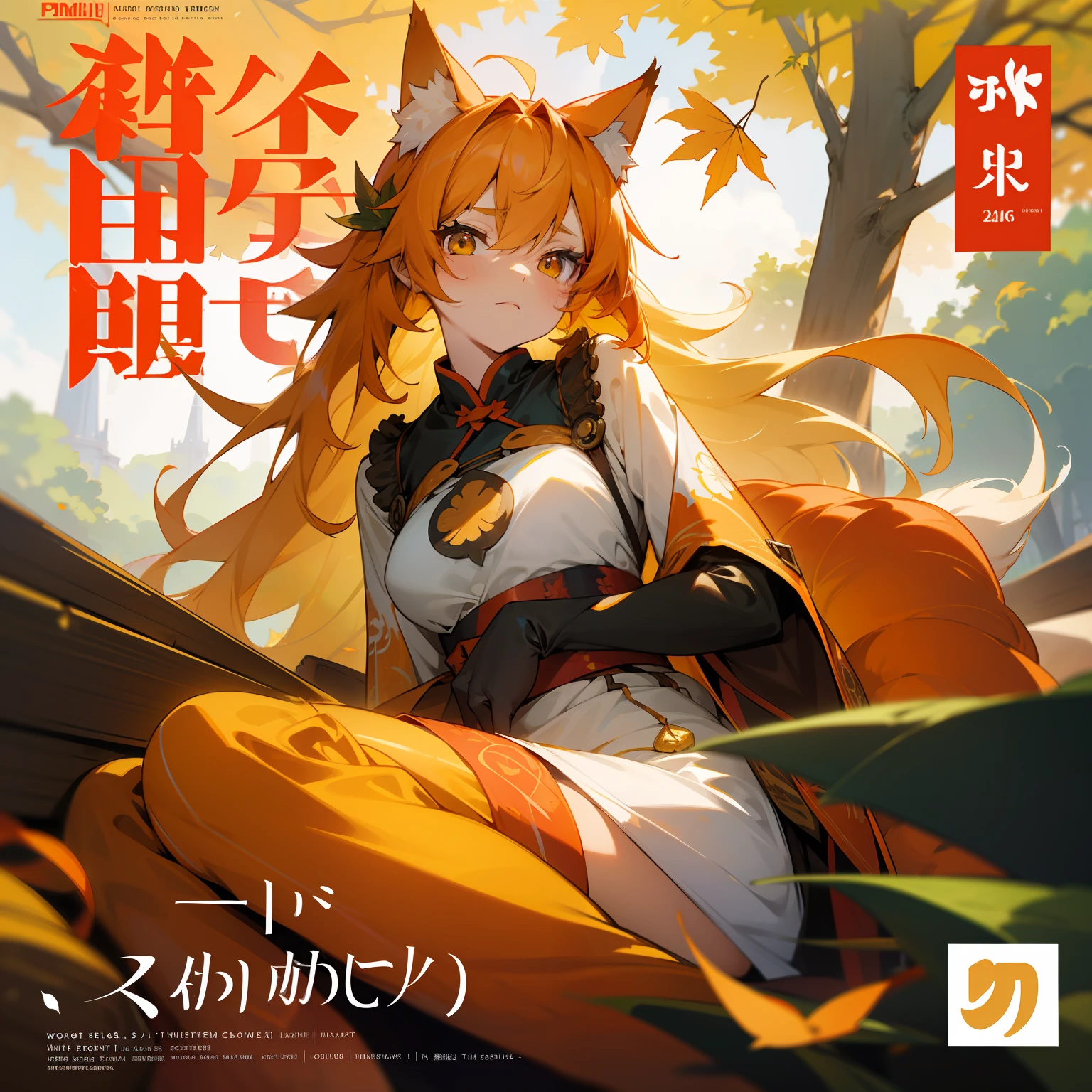 Enrai Fairyland、Colorful auspicious clouds、 autumnal, autumn_leaves, falling_leaves, holding_leaf, fronds, leaf_background, leaf_hair_ornament, maple_leaf, aki_shizuha, leaf_print, starfish, anger_vein, ginkgo_leaf, leaf_on_head, spoken_anger_vein, The tree, falls, sweet_potato, a dragonfly, acorn, 独奏, Grouping, blurry_foreground, 1girl in, tag, painterly, depth_of_field, bblurry, long_hair, brunch, hair_ornament, leaves_in_wind, forrest, plein air, naturey, camp fire, The shirt, looking_at_viewer, hot onsen, carp, sitting on, masterpiece, top-quality, (top-quality), ((masterpiece)), (hight resolution), original, Very detailed 8k wallpaper, (extremely delicate and beautiful),((详细的脸))、beautiful finely detailed eyes、Hair that flutters in the wind、hair messy、lensflare、 1girl in,full bodyesbian,(Golden eyes),(Akame),(Wolf ears),(yellow hair),(Wolf's tail),(Wolf ears),(Cute little girl:1.1),(Wolf ears),Beautiful fine eyes,orange color hair,Very long hair,large full breasts,(looking at the viewers), (magazine:1.3), (cover-style:1.3), Fashionable, femele, with a vibrant, outfits, the pose, the front, Colorful, Dynamic, Background with, element, I'm confident, expresive, ngel, statement, accessorized, An majestic, coiled, surroundings, touch, The scene, Texto, covers, It's bold, captures the attention, titles, stylish, font, Catchy, headline, The large, impressive, moderno, Trendy, focus, lo fashion,