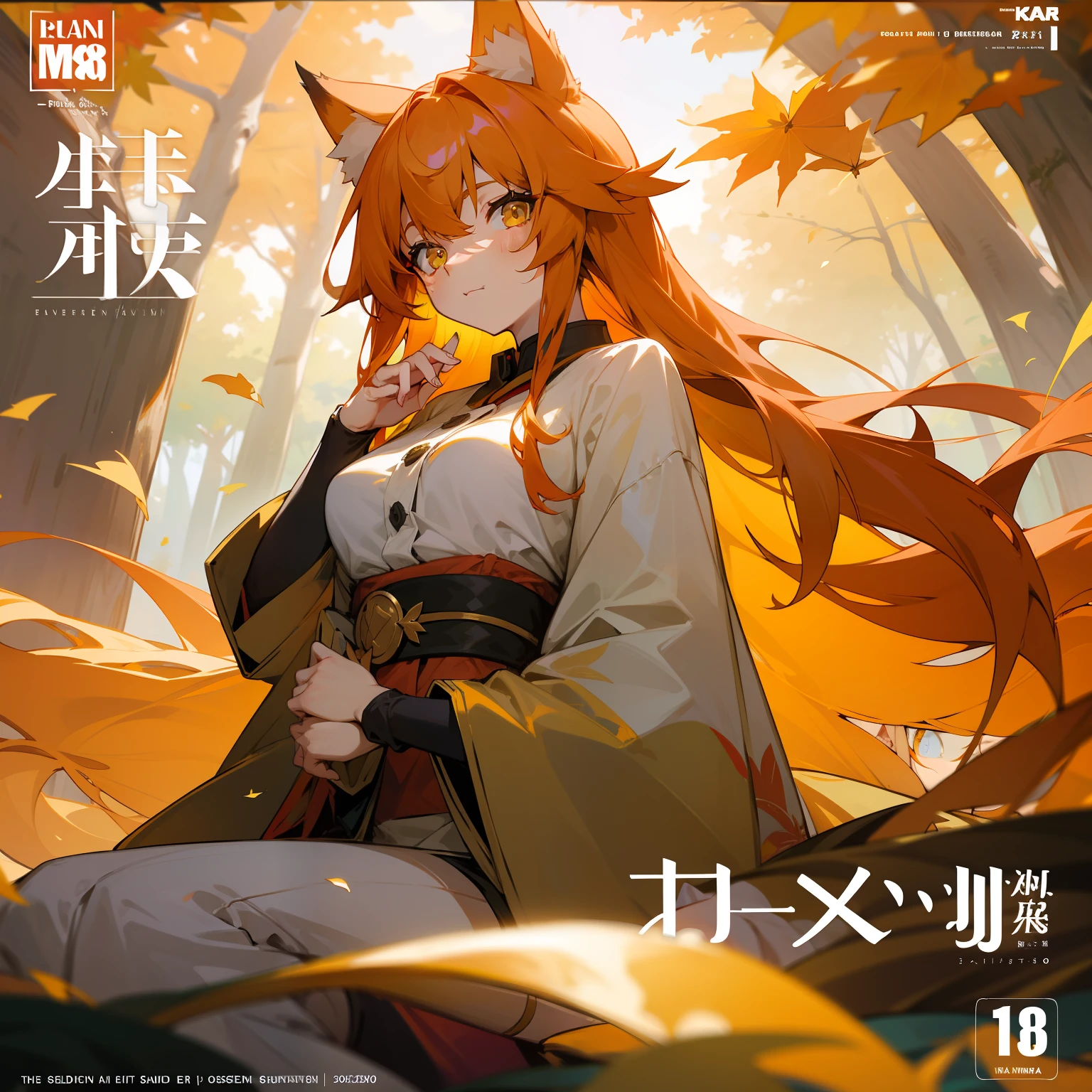 Enrai Fairyland、Colorful auspicious clouds、 autumnal, autumn_leaves, falling_leaves, holding_leaf, fronds, leaf_background, leaf_hair_ornament, maple_leaf, aki_shizuha, leaf_print, starfish, anger_vein, ginkgo_leaf, leaf_on_head, spoken_anger_vein, The tree, falls, sweet_potato, a dragonfly, acorn, 独奏, Grouping, blurry_foreground, 1girl in, tag, painterly, depth_of_field, bblurry, long_hair, brunch, hair_ornament, leaves_in_wind, forrest, plein air, naturey, camp fire, The shirt, looking_at_viewer, hot onsen, carp, sitting on, masterpiece, top-quality, (top-quality), ((masterpiece)), (hight resolution), original, Very detailed 8k wallpaper, (extremely delicate and beautiful),((详细的脸))、beautiful finely detailed eyes、Hair that flutters in the wind、hair messy、lensflare、 1girl in,full bodyesbian,(Golden eyes),(Akame),(Wolf ears),(yellow hair),(Wolf's tail),(Wolf ears),(Cute :1.1),(Wolf ears),Beautiful fine eyes,orange color hair,Very long hair,large full breasts,(looking at the viewers), (magazine:1.3), (cover-style:1.3), Fashionable, femele, with a vibrant, outfits, the pose, the front, Colorful, Dynamic, Background with, element, I'm confident, expresive, ngel, statement, accessorized, An majestic, coiled, surroundings, touch, The scene, Texto, covers, It's bold, captures the attention, titles, stylish, font, Catchy, headline, The large, impressive, moderno, Trendy, focus, lo fashion,