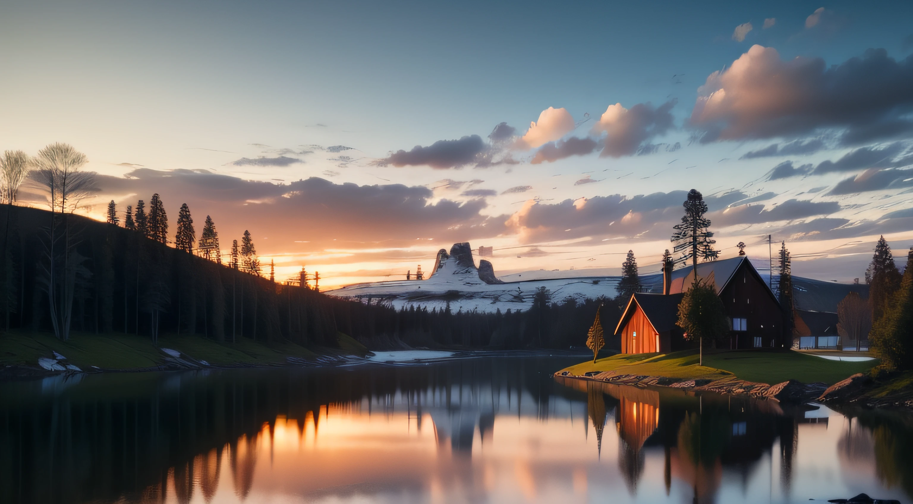 A Nordic landscape, com ruinas, belo por do sol, lago