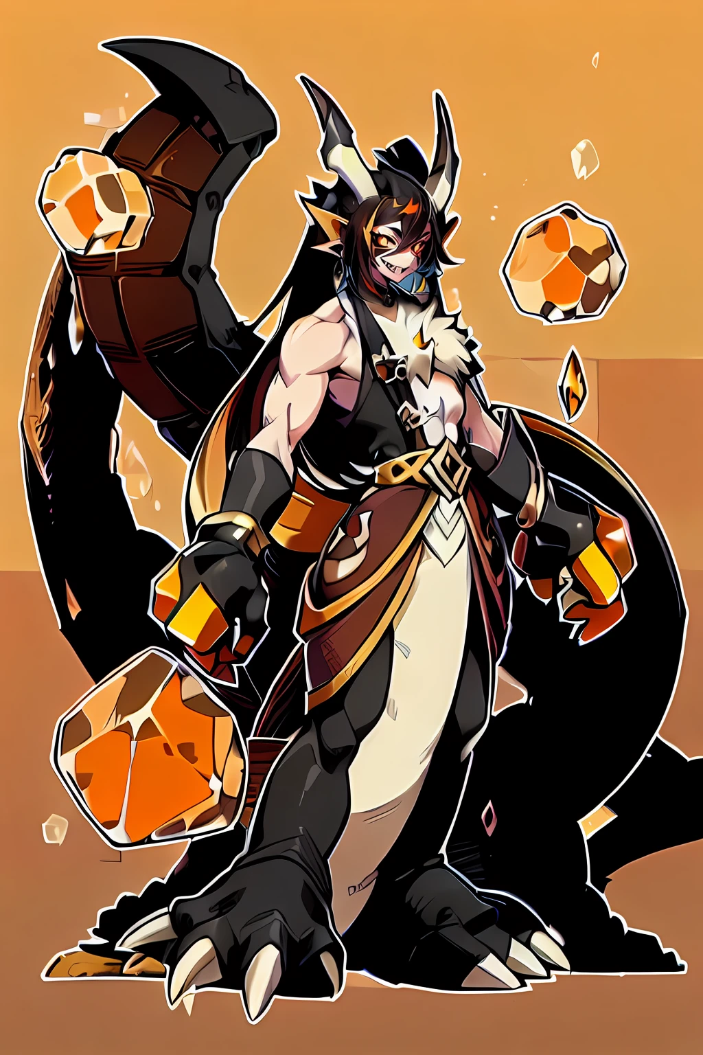 masterpiece, best quality, male focus, jewelry, long hair, 1boy, solo, earrings, bangs, gloves, ponytail, (( Over size Claws)), multicolored hair, brown hair, hair between eyes,  yellow eyes,gradient hair, suit, black hair, digimon \(creature\), ((orange eastern Dragon horn and brown Tail),  ((orange Crystals on body)), ((Orange, Black and brown Colour schemes)), (Zhongli as a Digimon), ((mid transformation sequence)), ((Sharp Fangs, Draconic ))