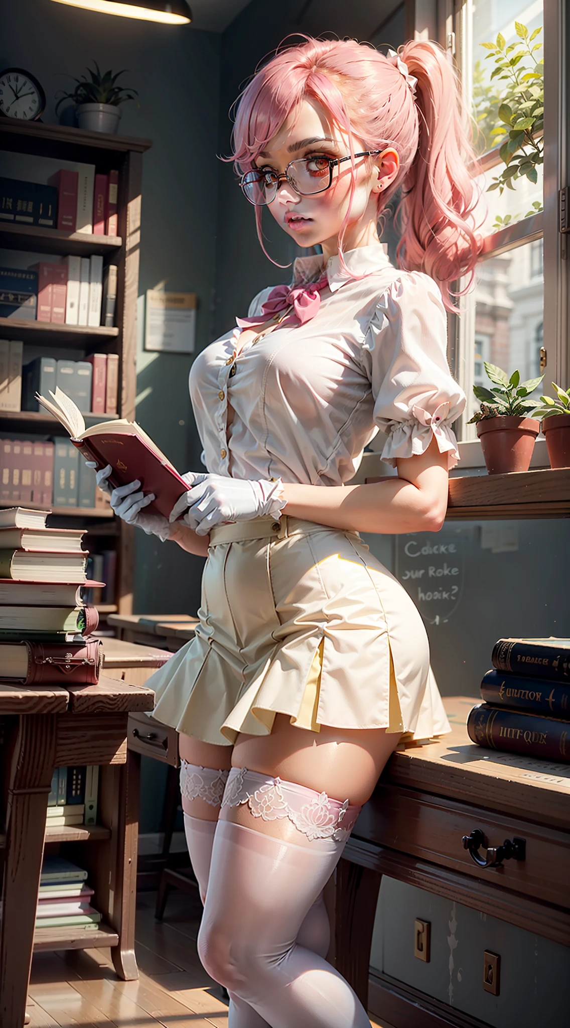 Pink hair,high ponytails,round frame glasses,Year of the cardamom,Pink skirt,Translucent white stockings,library,Librarian,Reading,desks,Tsundere,White and tender,Wearing white gloves,plain face,Slim,little breast,in one hand Holding a book,World Masterpieces,Clear conditioning,Gao cold eyes,Reddish cheeks,mature,having fun,The eyes are facing the camera,HighestQuali,8K,White color blouse,Pink over-the-knee skirt