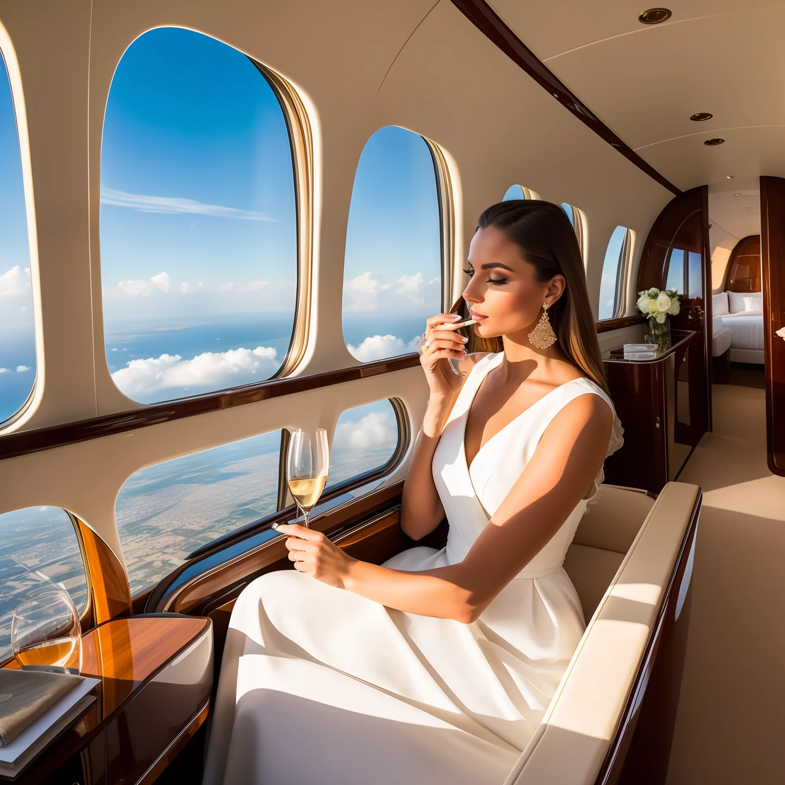 On a luxurious private plane, An elegant woman is sitting in a comfortable seat, enjoying the sophisticated ambience while holding a cigarette elegantly in one hand. A luz suave ilumina a cabine, destacando os detalhes requintados do interior. She is dressed in an impeccable suit and elegant accessories, exuding confidence and charm. Ao seu redor, The décor is sumptuous, com materiais luxuosos e acabamentos elegantes. A cabine oferece conforto e comodidades de primeira classe, criando uma atmosfera relaxante e exclusiva. through the windows, one can see the blue sky and the clouds, evoking a sense of freedom and adventure. While enjoying the refinement and exclusivity of the experience of flying in a private plane, a mulher aproveita o momento, saboreando o prazer de fumar o cigarro. The image conveys a sense of indulgence, Prestige and luxury, capturing the essence of an elegant woman enjoying a cigarette on an extremely luxurious private plane