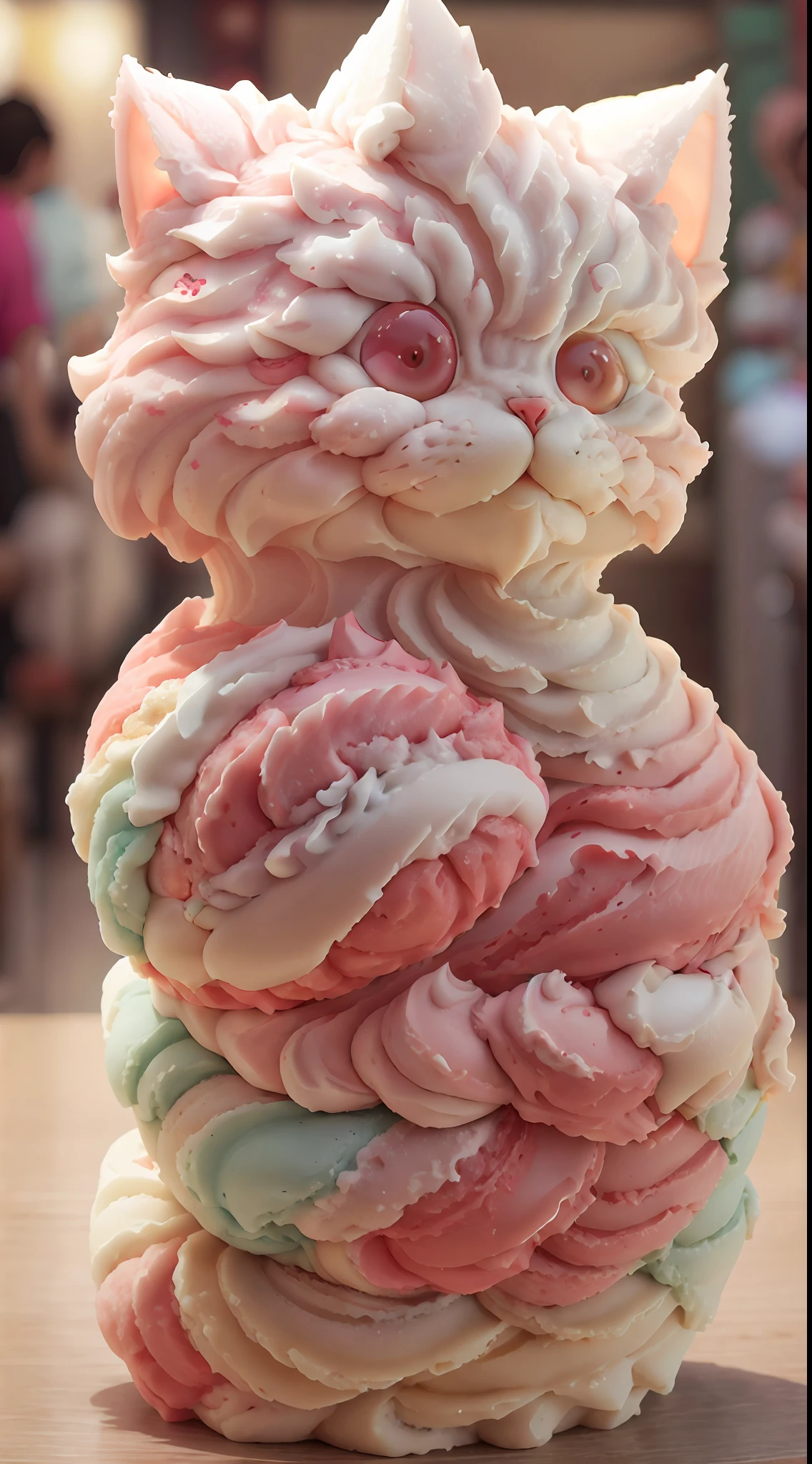 Ice cream style cat body，Red eyes，brightly、photorealistic eye，ssmile，Funny，Left，To the left！！！