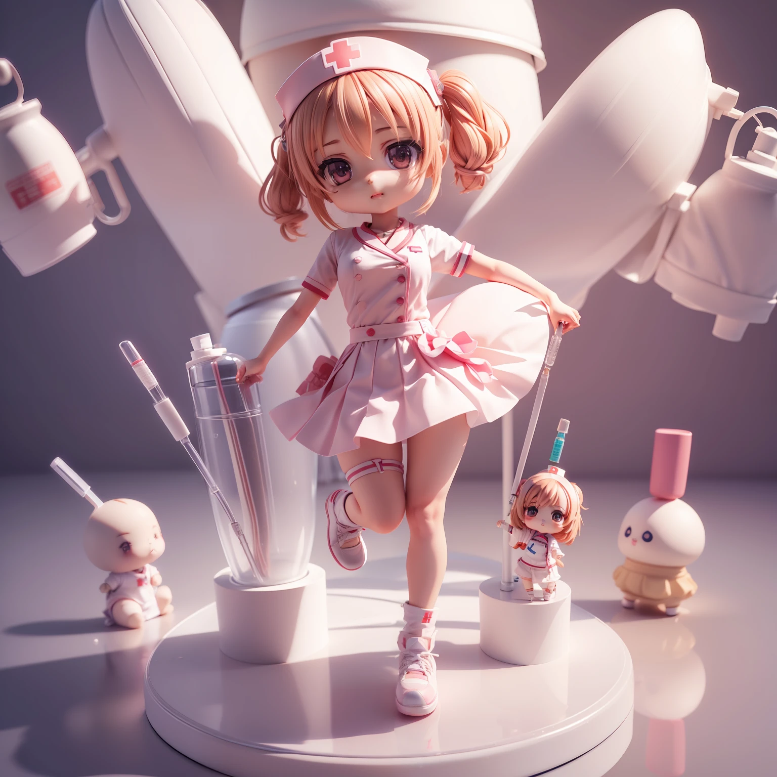 (((chibi 3d))),a very cute and beautiful chibi anime nurse costume style, holding a syringe,hospital, Examination room background, full body, dancing, highly detailed face and eyes, clearly outlined, solo,chibi 3d.