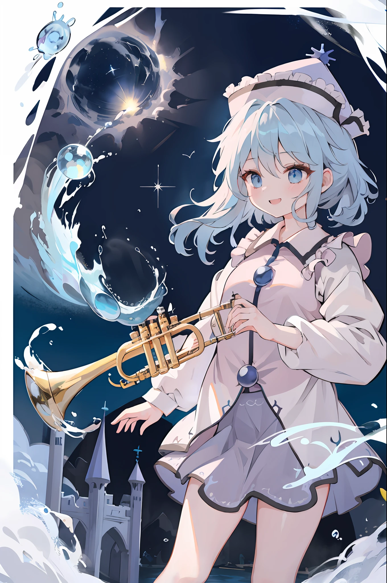 ​masterpiece、top-quality、1girl in、Merlin Prism River、Hats、blue hairs、blue eyess、shorth hair、long-sleeve、skirt by the、a smile、trumpet、greybackground、Blowing the trumpet、🎺、[[Tangled fingers]], [[[[multiple limbs]]]]