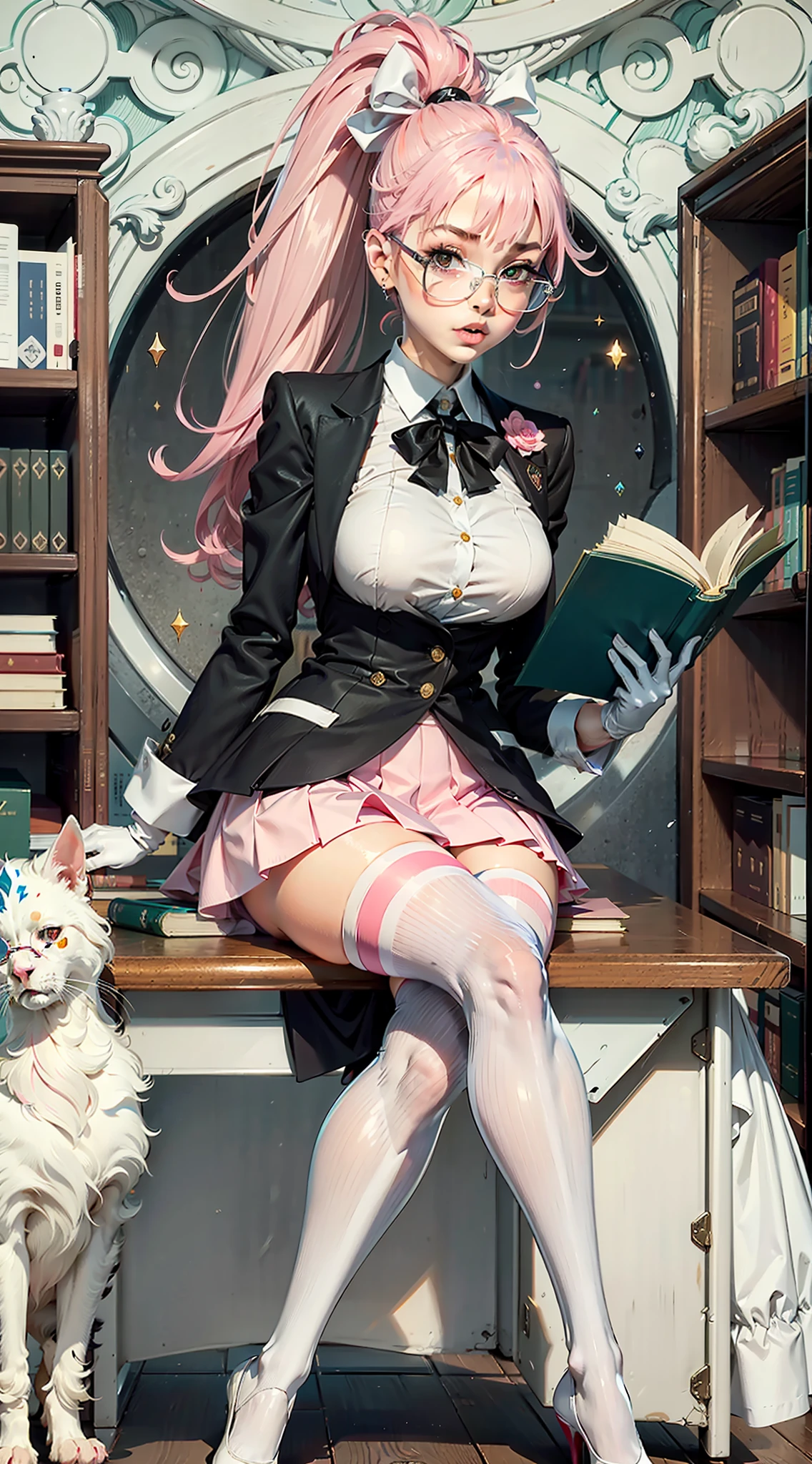 Pink hair，High long ponytail，round frame glasses，Year of the cardamom，Pink over-the-knee skirt，Translucent white stockings，library，Librarian，Reading，desks，Tsundere，White and tender，Wearing white gloves，plain face，Slim，little breast，in one hand Holding a book，World Masterpieces，Clear conditioning，Gao cold eyes，Reddish cheeks，having fun，HighestQuali，eyes highlights，Vivid，Eyes facing the lens，Erudition