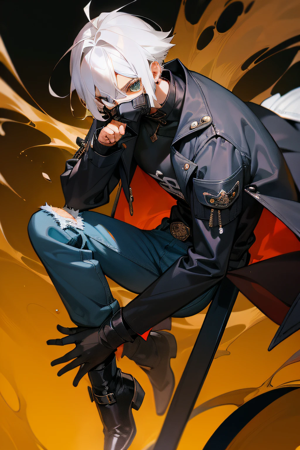 (um adolescente homem de cabelos vermelhos e olhos amarelos) usando uma jaqueta preta, ripped jeans, and on the face a metallic mask resembling an oni