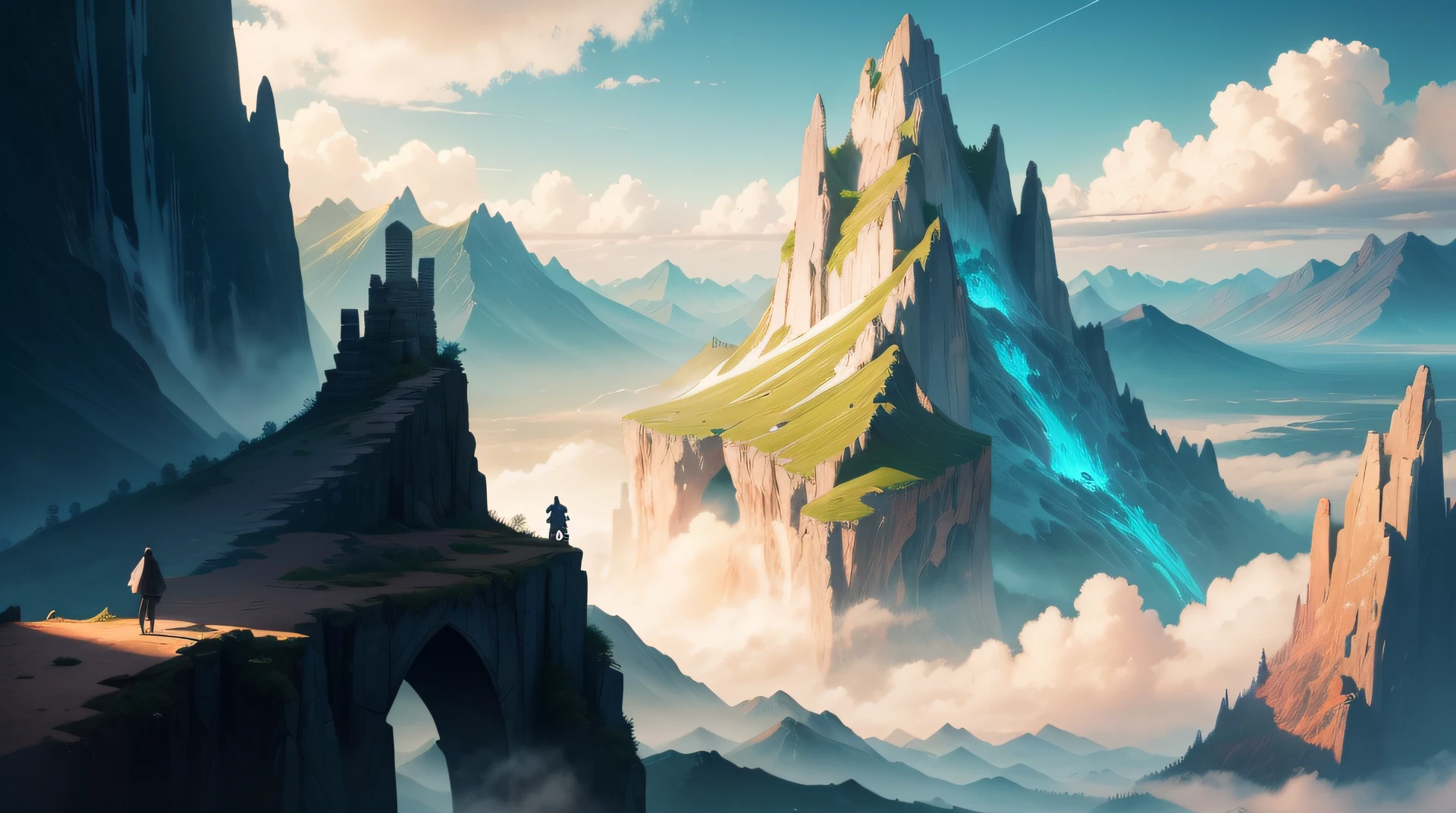 （Fantastic fantasy 2D concept art 4K wallpaper+Illustrative landscape），Colorful anime scenes，Man flying a kite in front of the mountain。