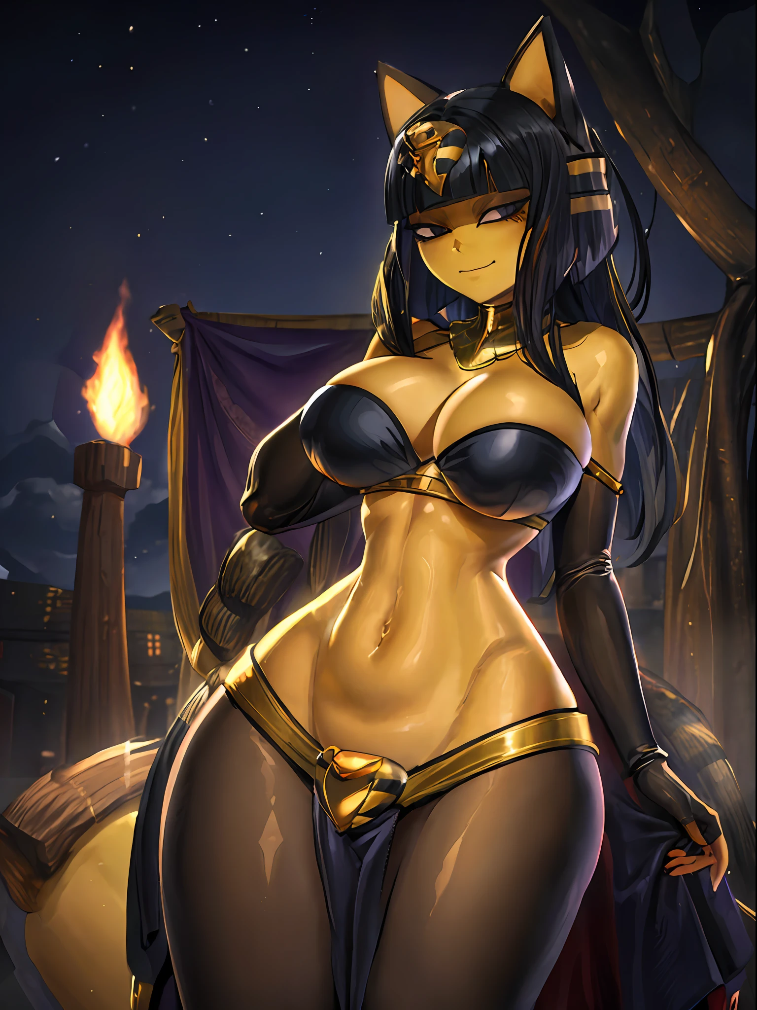 ((masterpiece:1.2)), best quality, ((extreme detail)),(ultra-detailed), anime screencap, extremely, detailed, CG, 3d, unity, 8k, wallpaper, blunt bangs, hime cut, ankha, ankha(animal crossing), tharja, tharja(fire emblem), black hair, short hair, (((large breasts))), gold loincloth, gold collar, looking at viewer, dark aura, dark energy, black magic, (black thigh highs), (((official art))), (half closed eyes), (full body view), ((huge breasts)), (closed mouth), ((seductive smile)), animal nose,