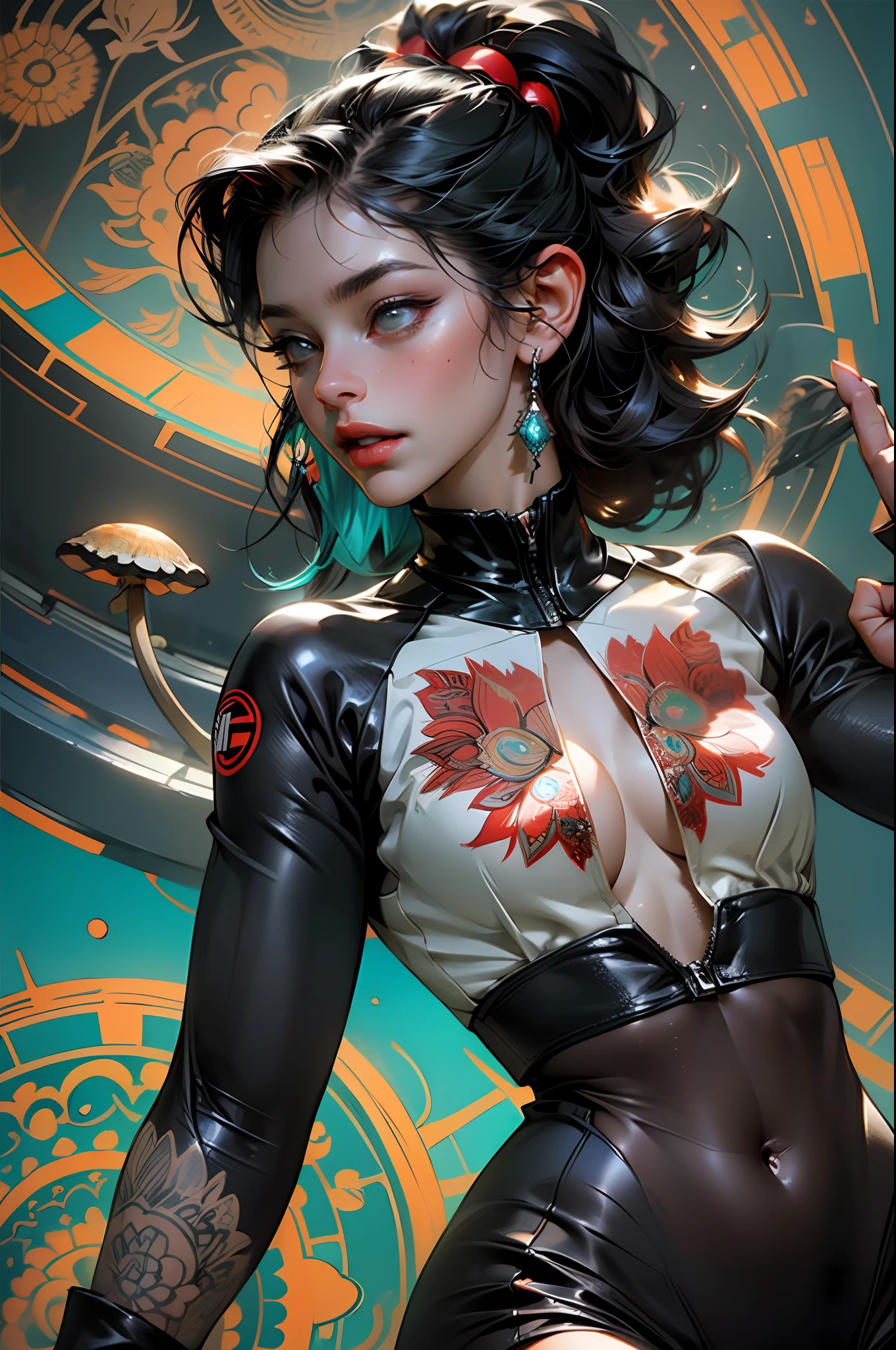 ((best quality)), ((masterpiece)), ((realistic)), (detailed), reflective luminous white: 1.5, bright red texture: 1.3, 1beautiful young black hair woman with sticky jumpsuit (cameltoe), sexy, photo from top to bottom, lots of bright neon mushrooms, mandalas, cinematic, crisp, ray tracing, brightness, luminosity