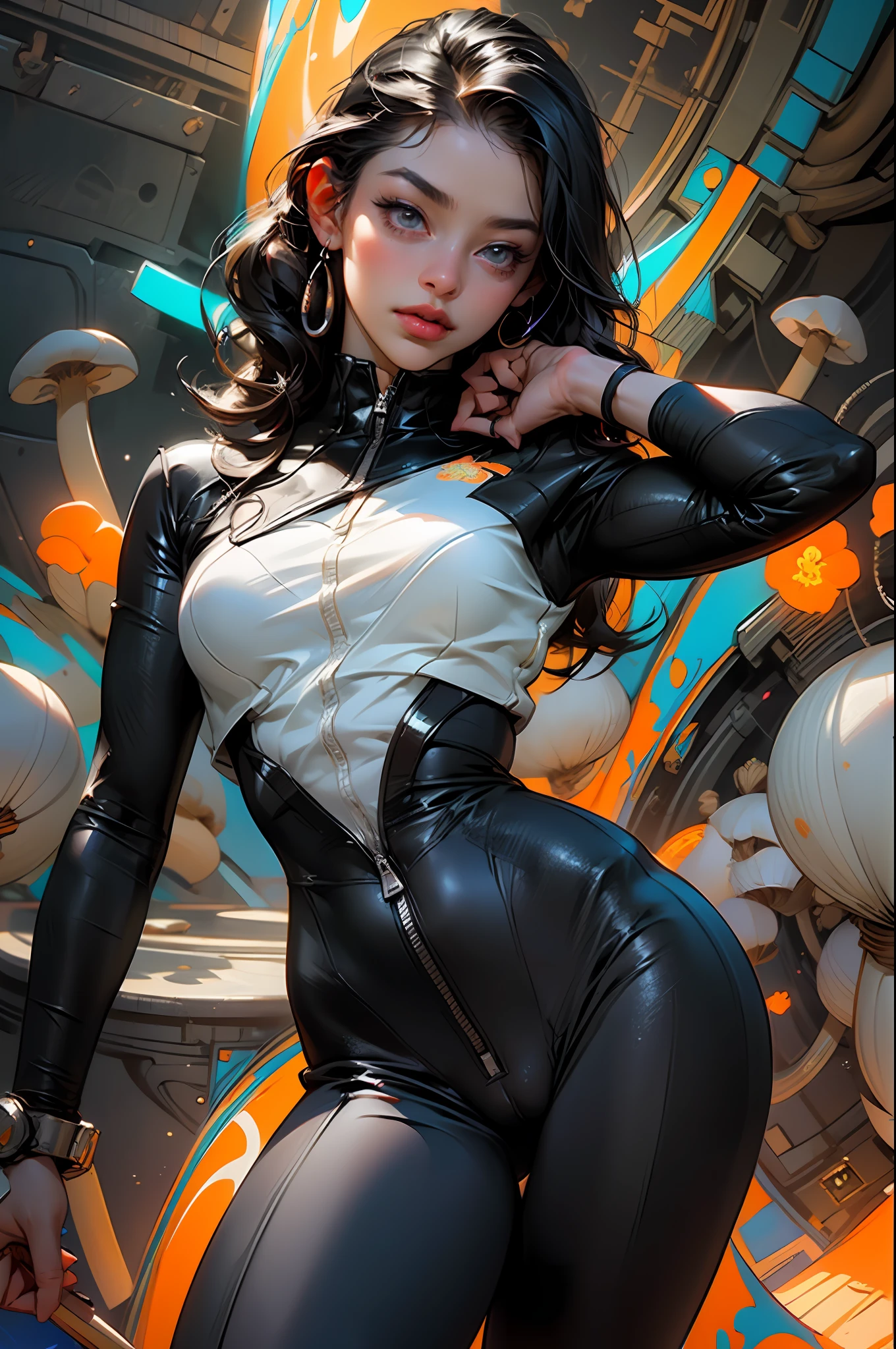 ((best quality)), ((masterpiece)), ((realistic)), (detailed), reflective luminous white: 1.5, bright red texture: 1.3, 1beautiful young black hair woman with sticky jumpsuit (cameltoe), sexy, photo from top to bottom, lots of bright neon mushrooms, mandalas, cinematic, crisp, ray tracing, brightness, luminosity