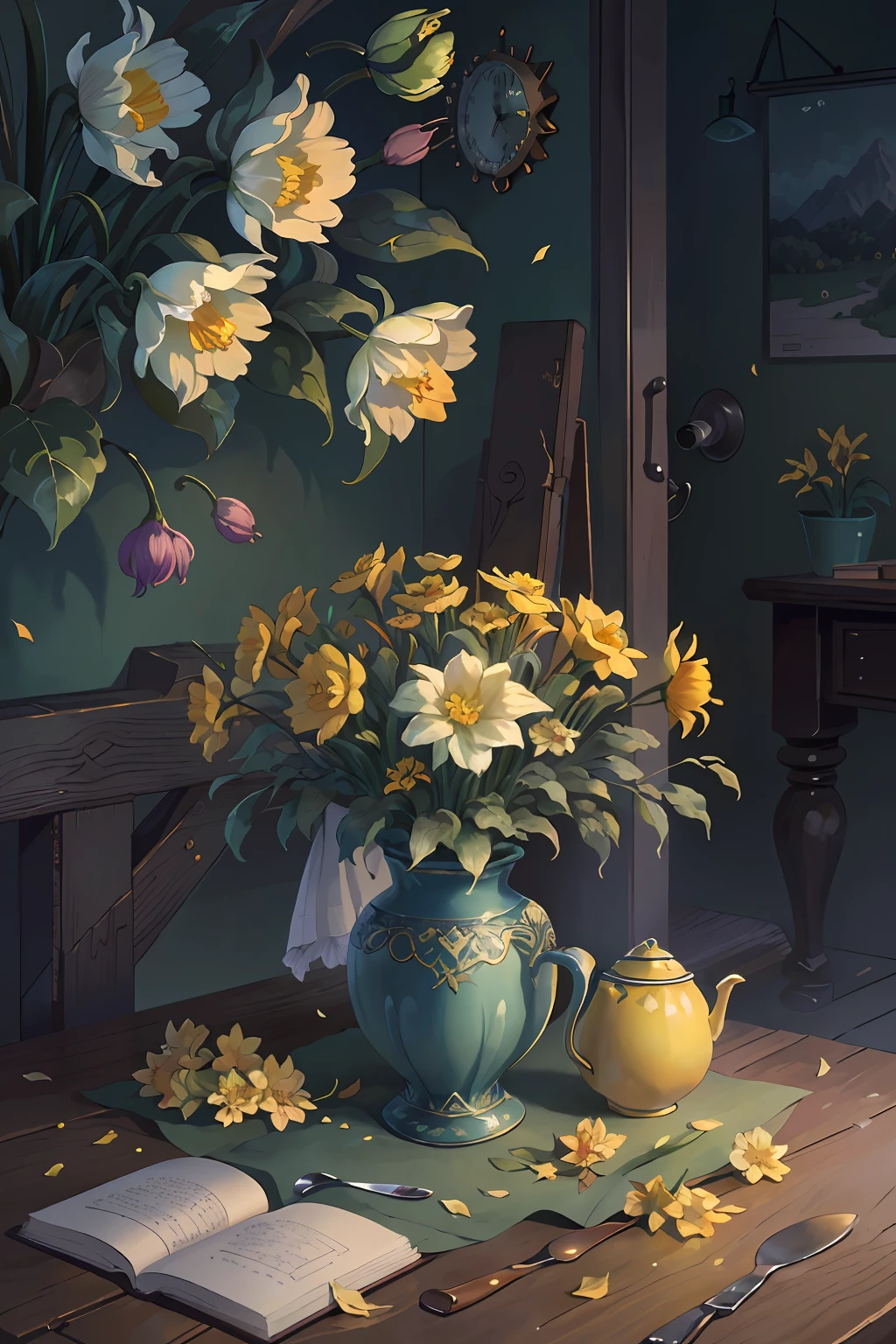 Original，（illustratio：1.1），（best qualtiy），（tmasterpiece：1.1），（the Extremely Detailed CG Unity 8K Wallpapers），（a color：1.2），Daffodil bush，Daffodil petals，scenecy，rios|Wagas，