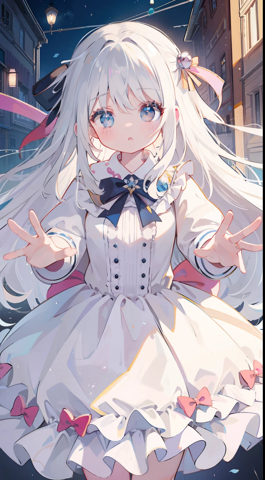 bowing、Beautiful bow、With hem、Onepiece、Long Ribbon、white hair、Wavy Hair、masterpiece、top-quality、Top image quality、Inside the city