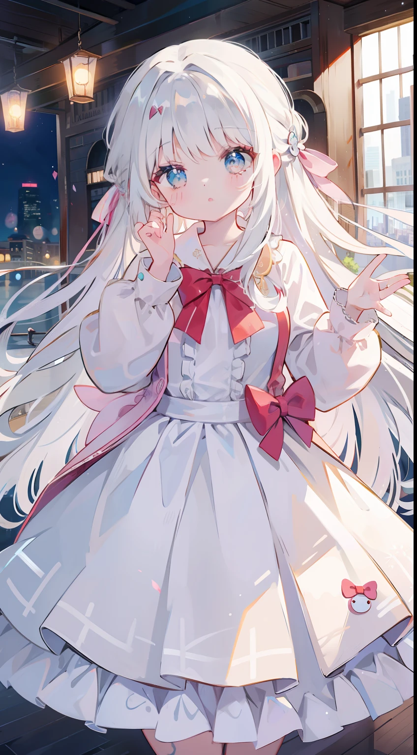 bowing、Beautiful bow、With hem、Onepiece、Long Ribbon、white  hair、Wavy Hair、​masterpiece、top-quality、Top image quality、Inside the city