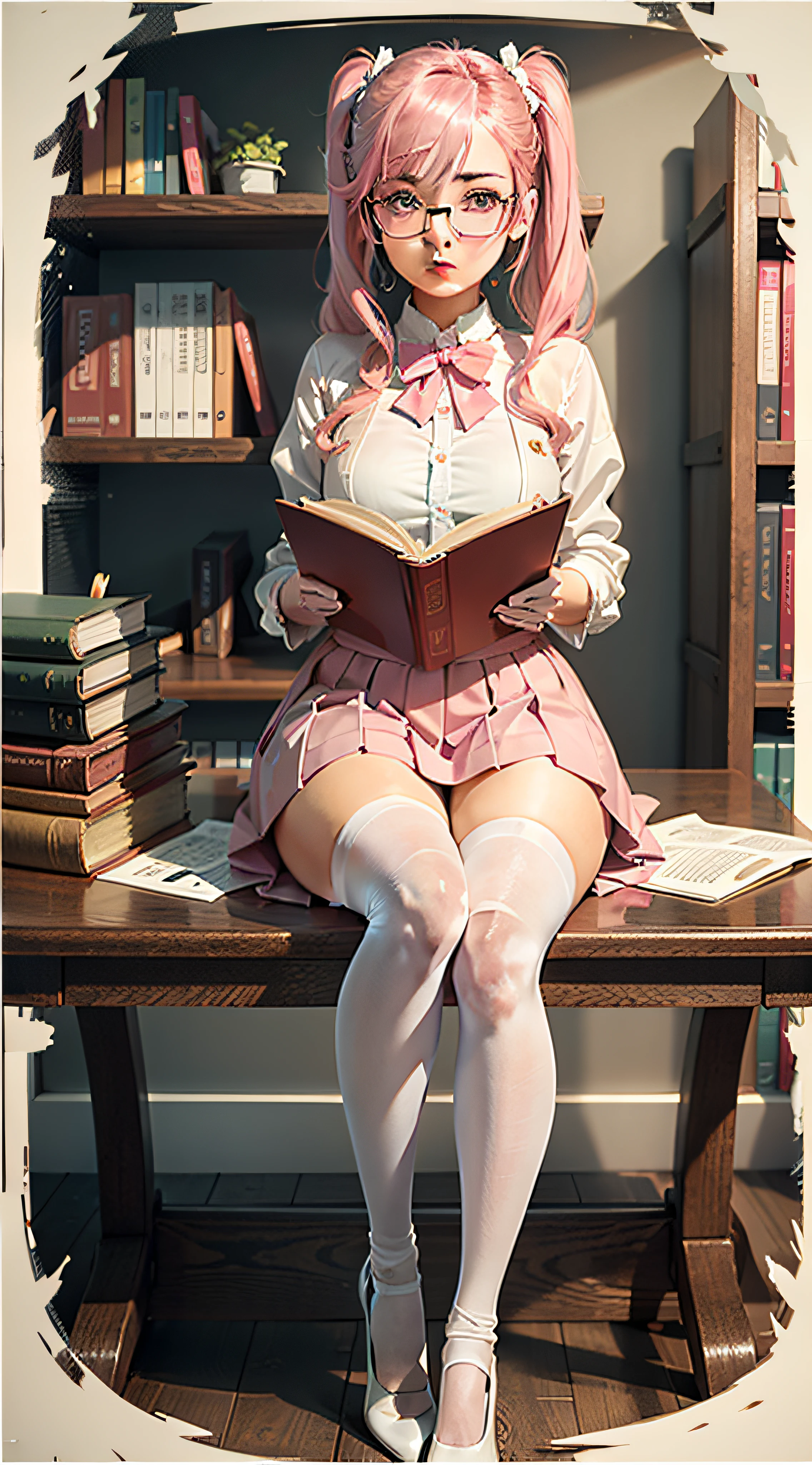 Pink hair,high ponytails,round frame glasses,Year of the cardamom,Pink over-the-knee skirt,Translucent white stockings,library,Librarian,Reading,desks,Tsundere,White and tender,Wearing white gloves,plain face,Slim,little breast,in one hand Holding a book,World Masterpieces,Clear conditioning,Gao cold eyes,Reddish cheeks,tmasterpiece,Gentle big eyes,Royal Sister,having fun,Keep your eyes directly on the camera,high light,8K,Erudition,Cherry small mouth