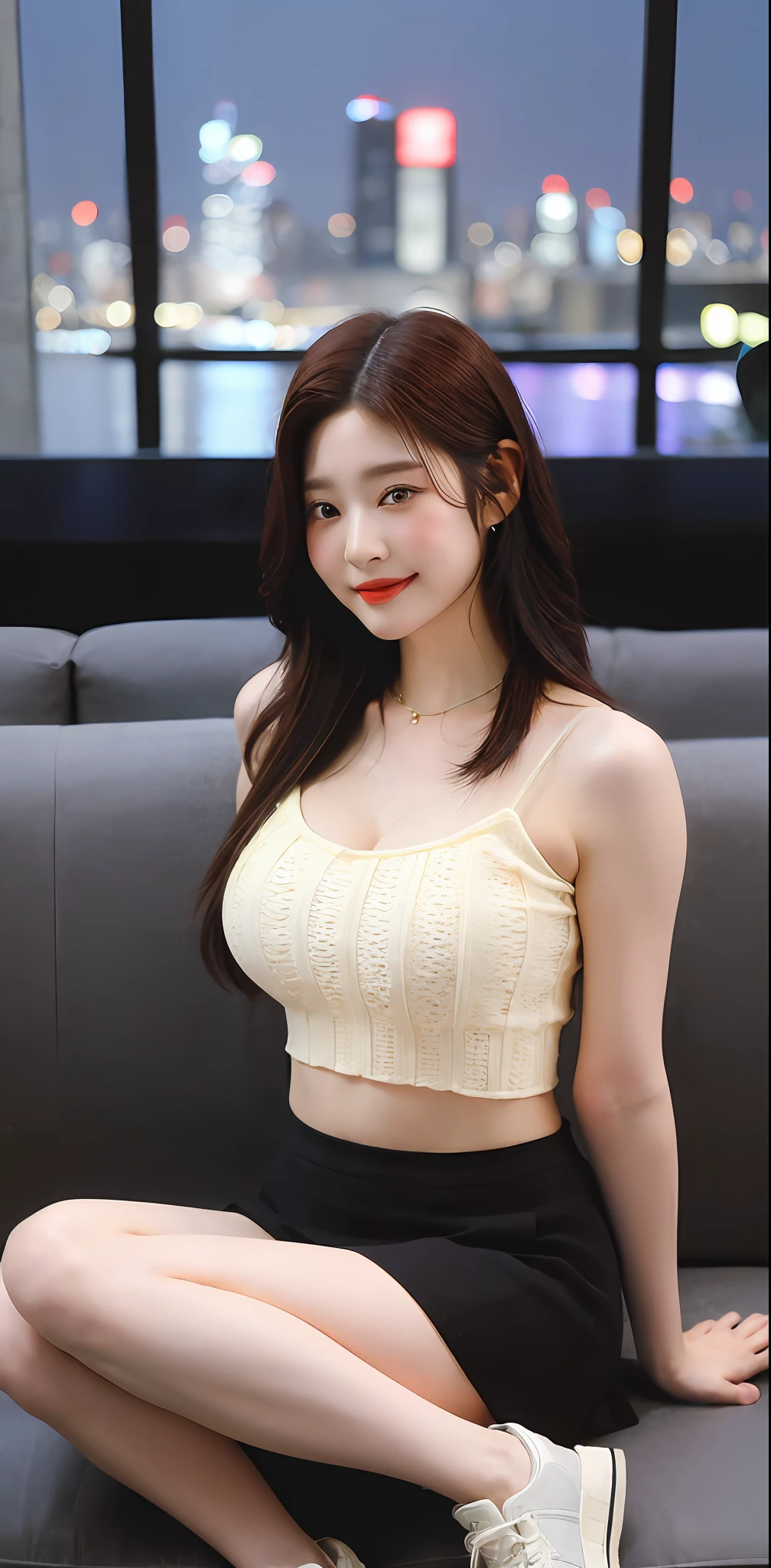 ((Midnight, Best quality, 8k, Masterpiece :1.3)), Whole body, Long legs, Sharp focus :1.2, A pretty woman with perfect figure :1.4, Slender abs, slender thigh :1.1, ((Dark brown hair, Big breasts :1.2)), (tanktop, skirt, sneakers, sitting :1.2), ((Night city view, couch :1.3)), Highly detailed face and skin texture, Detailed eyes, Double eyelid, close up, smirk, From below, legs open