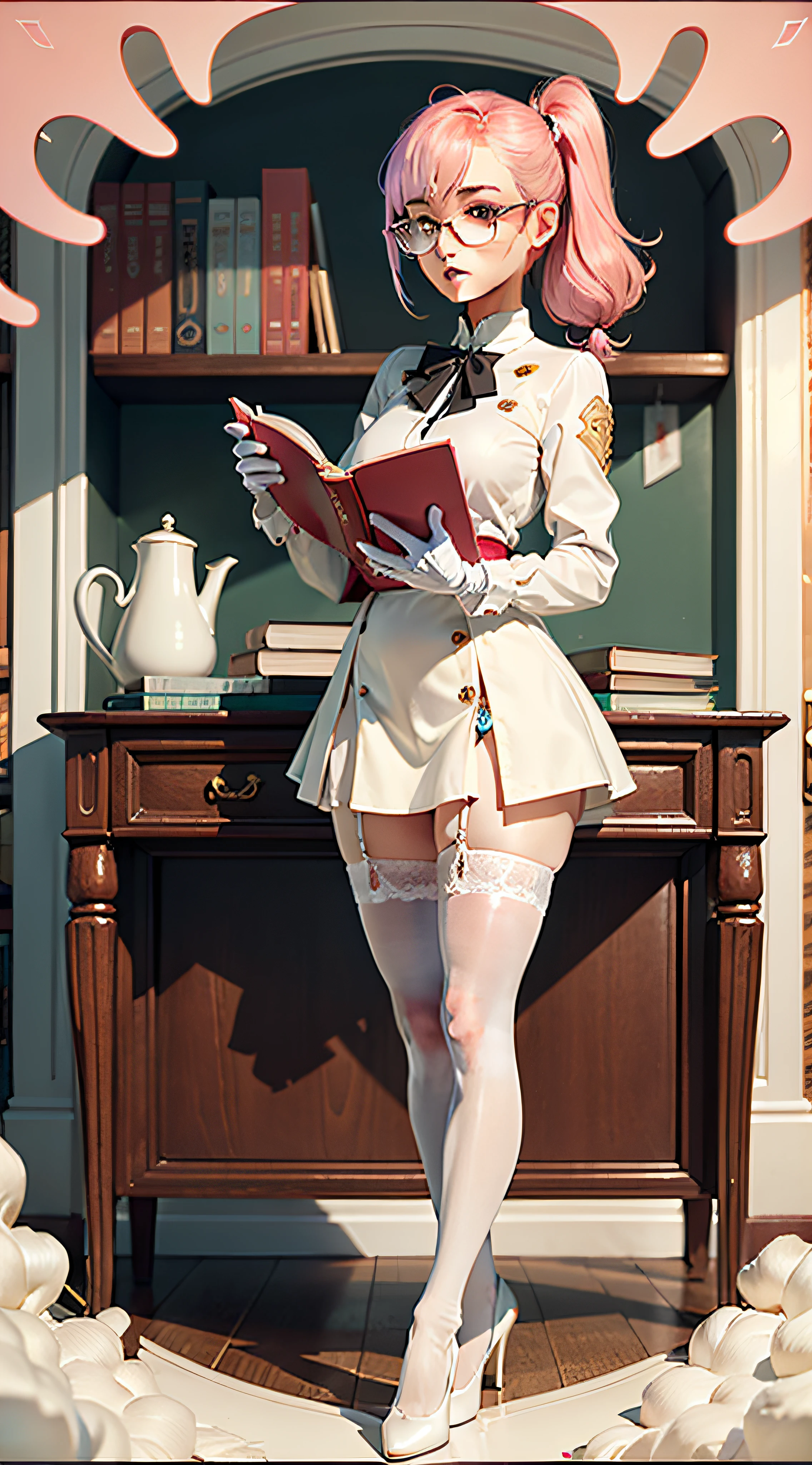 Pink hair,high ponytails,round frame glasses,Year of the cardamom,Pink over-the-knee skirt,Translucent white stockings,library,Librarian,Reading,desks,Tsundere,White and tender,Wearing white gloves,plain face,Slim,little breast,in one hand Holding a book,World Masterpieces,Clear conditioning,Gao cold eyes,Reddish cheeks,tmasterpiece,Gentle big eyes,Royal Sister,having fun,Keep your eyes directly on the camera,high light,8K,Erudition,Cherry small mouth