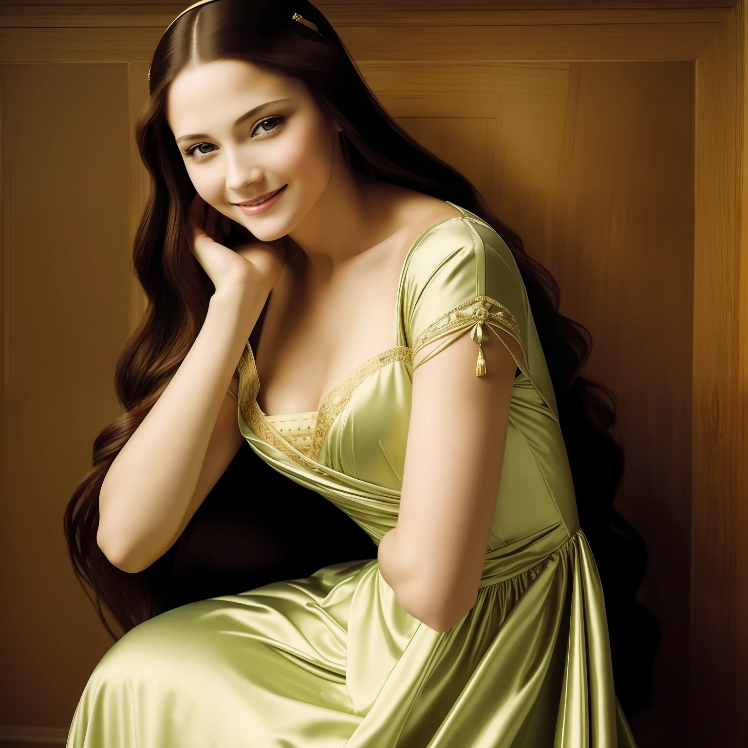 Photo of smiling modern beauty，Master photography，Sexy dress，The composition is like Leonardo da Vinci's Mona Lisa portrait