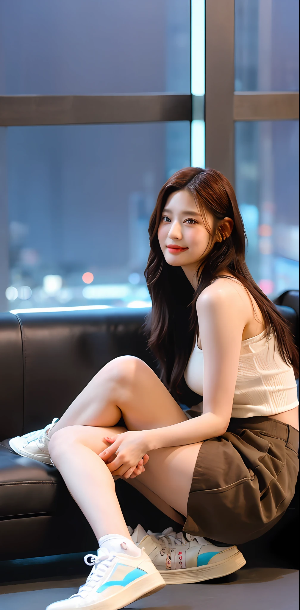 ((Midnight, Best quality, 8k, Masterpiece :1.3)), Whole body, Long legs, Sharp focus :1.2, A pretty woman with perfect figure :1.4, Slender abs, slender thigh :1.1, ((Dark brown hair, Big breasts :1.2)), (tanktop, skirt, sneakers, sitting :1.2), ((Night city view, couch :1.3)), Highly detailed face and skin texture, Detailed eyes, Double eyelid, close up, smirk, From below, legs open