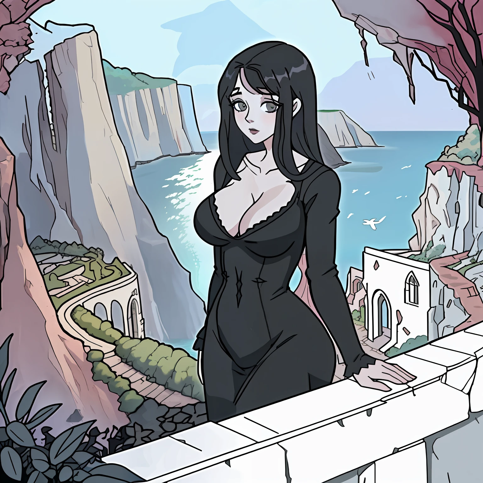 Jessica harth , 23 age, Black long hair, big breasts , Inside the garden of a old mansion, on the edge of a cliff overlooking the sea ,no human ,scenary