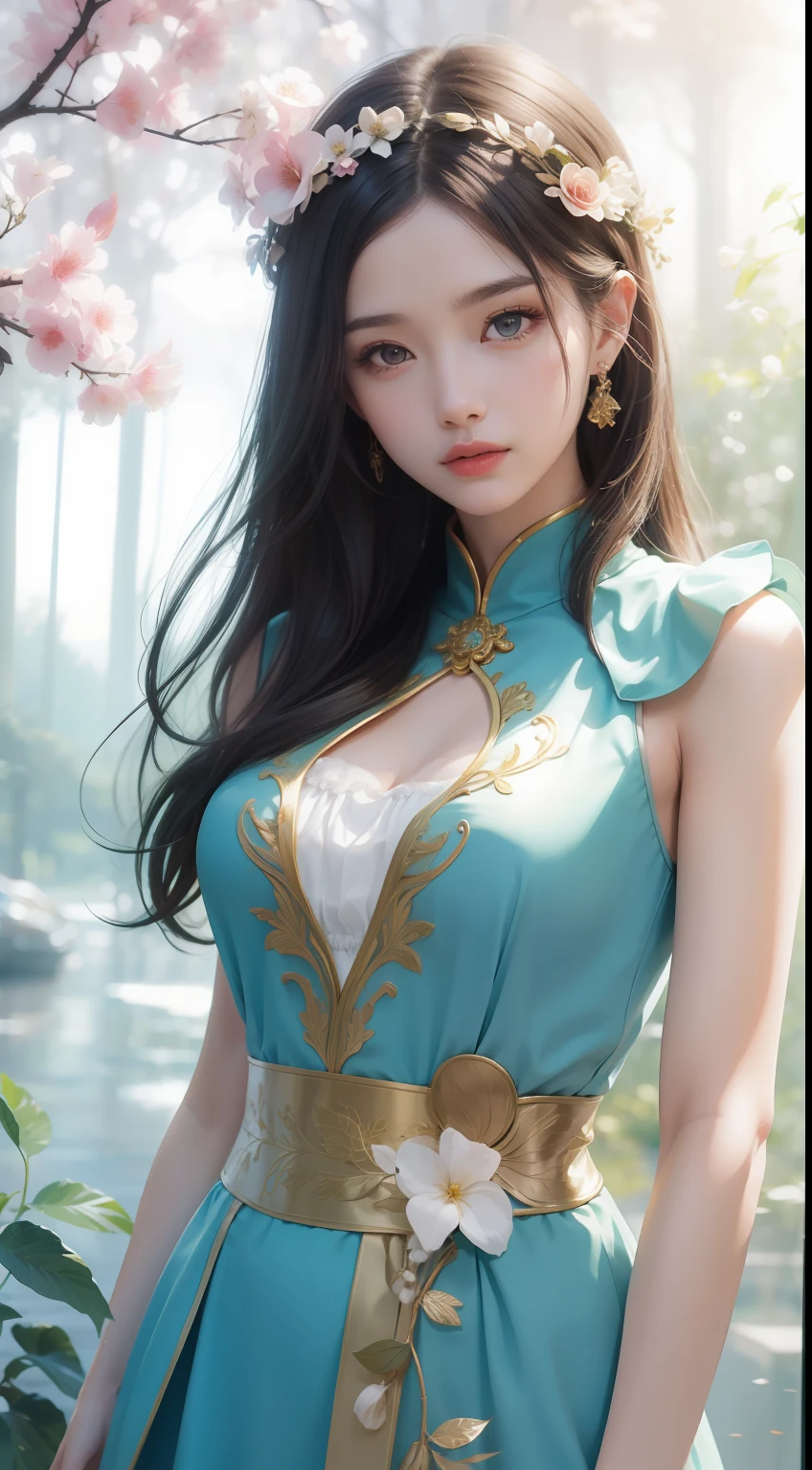 glass,flowers,Enle Wonderland,Chinese mythology,Colorful auspicious clouds,depth of fields,bblurry,long whitr hair,tree branch,Hair decoration,leaves in wind,ln the forest,exteriors,naturey,Large breasts,(looking at viewert),(Magazines:1.3),(Cover style:1.3),Fashionab,woman,with dynamism,garments,posing on a,frontage,Colorful,dyna,