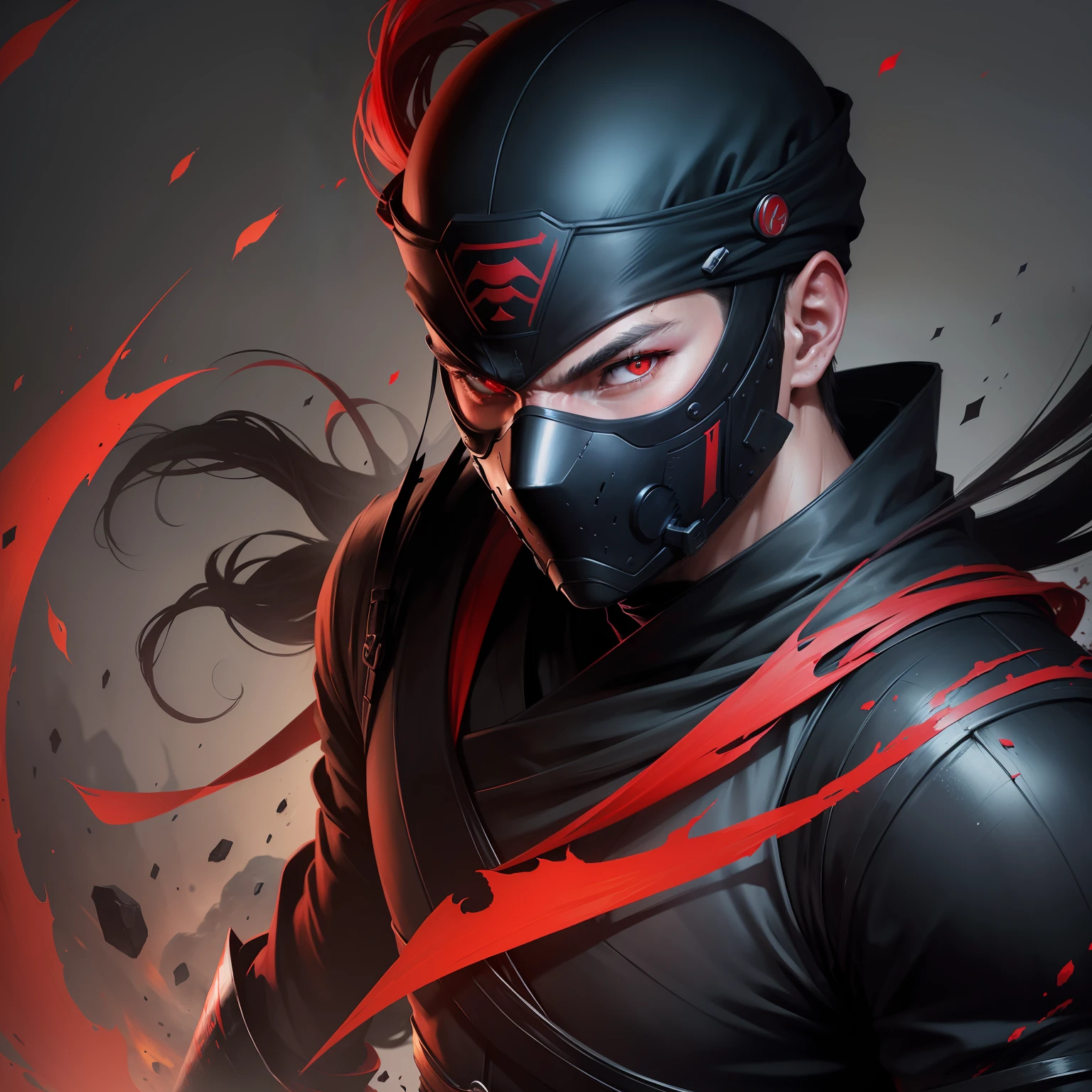 a man Ninja portrait, red eyes, Black clothes, shadows, (Masterpiece), ((Best quality))