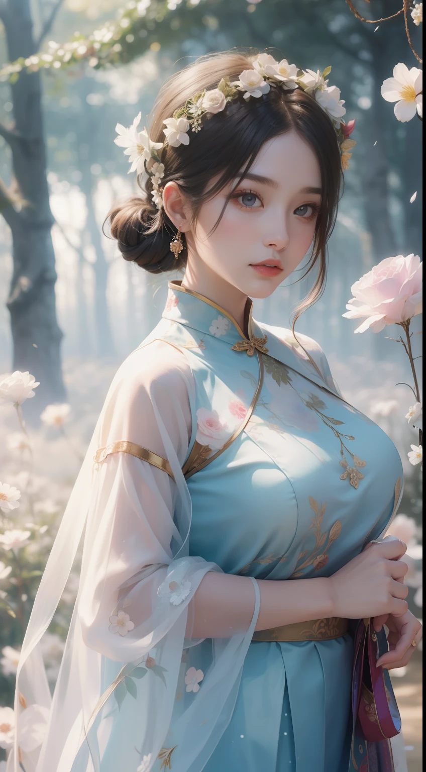 glass,flowers,Enle Wonderland,Chinese mythology,Colorful auspicious clouds,depth of fields,bblurry,long whitr hair,tree branch,Hair decoration,leaves in wind,ln the forest,exteriors,naturey,Large ,(looking at viewert),(Magazines:1.3),(Cover style:1.3),Fashionab,woman,with dynamism,garments,posing on a,frontage,Colorful,dyna,