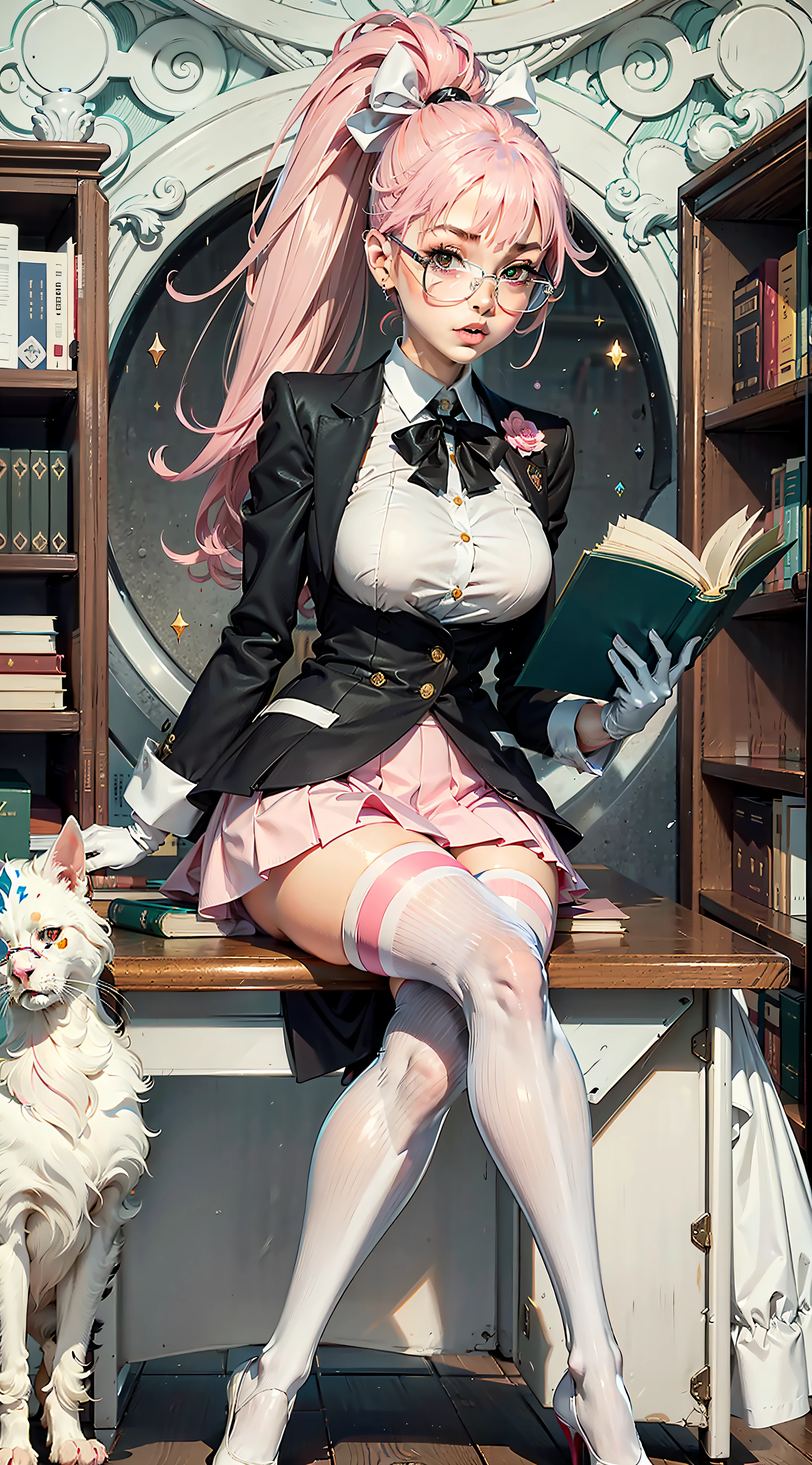 Pink hair,High long ponytail,round frame glasses,Year of the cardamom,Pink over-the-knee skirt,Translucent white stockings,library,Librarian,Reading,desks,Tsundere,White and tender,Wearing white gloves,plain face,Slim,little breast,in one hand Holding a book,World Masterpieces,Clear conditioning,Gao cold eyes,Reddish cheeks,having fun,HighestQuali,eyes highlights,Vivid,Eyes facing the lens,Erudition