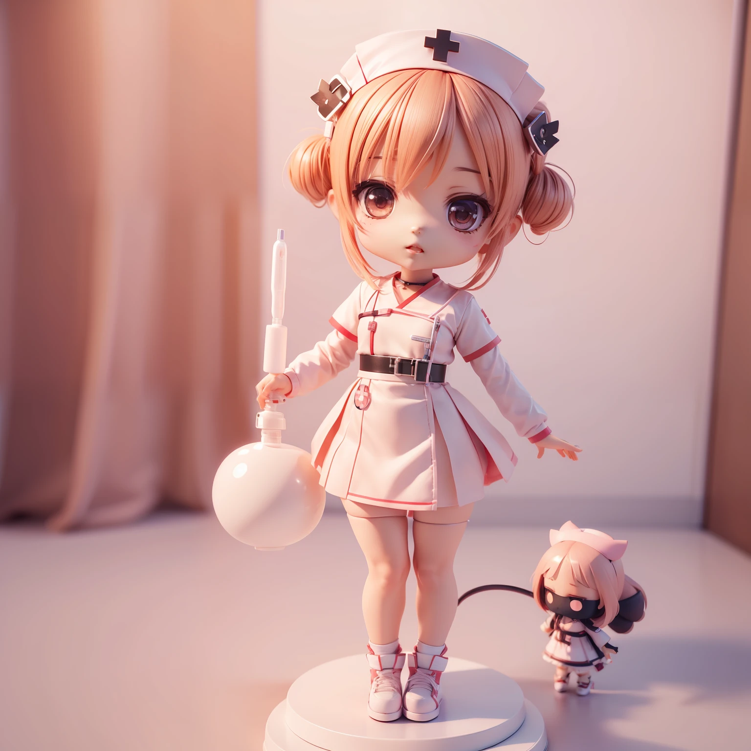 (((Chibi 3D))),Very cute and beautiful Chibi Anime Nurse Costume Style, holding a syringe,Hospital, Background of the examination room, Full body, Dancing, Highly detailed face and eyes, Clearly outlined, Solo,Chibi 3D.