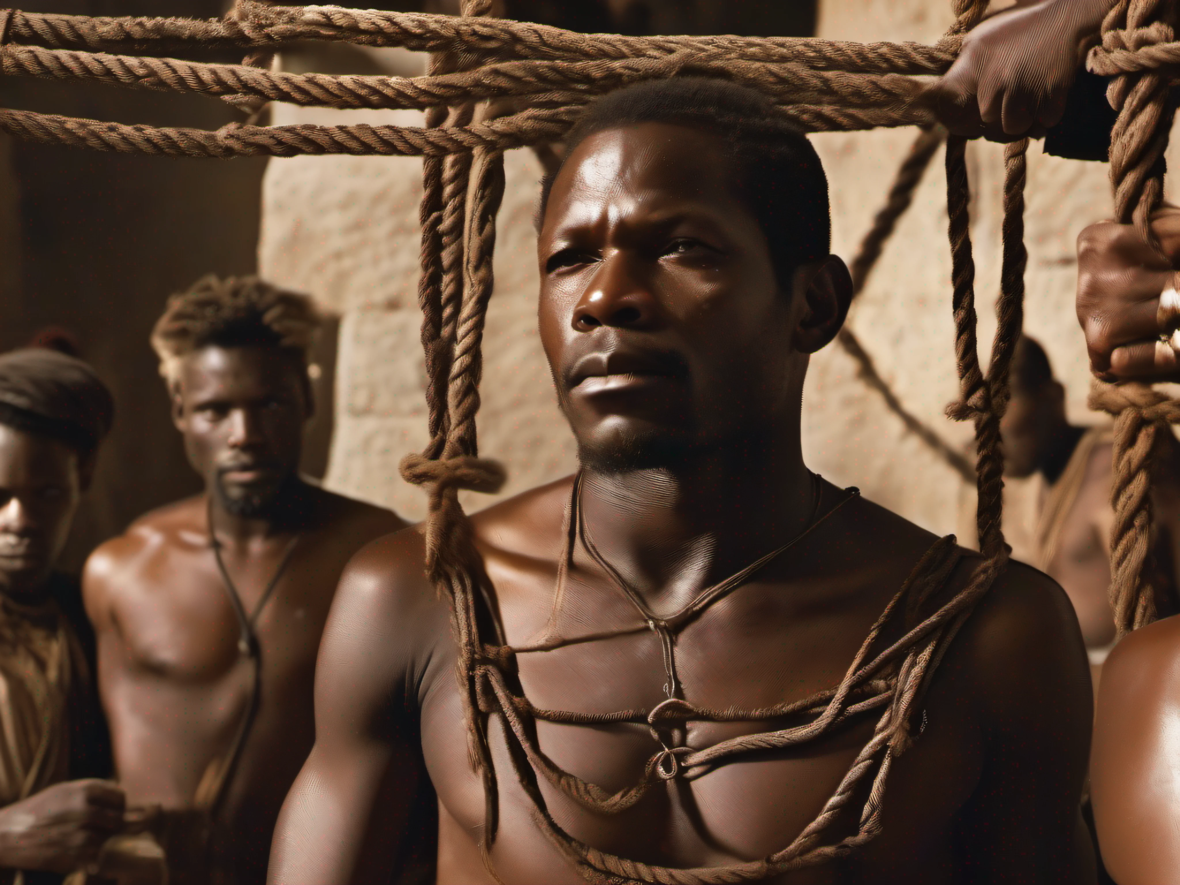 Five half-naked African slaves tied with a rope, descendant un escalier, tristesse dans les yeux, Whole naked body chained with wrought iron chains, no clothe, pas de coiffe, cheveux noirs, Dynamic scene from the movie Amistad, looking at the 50mm camera, Realistic photo HD, Diffuse light, Rebel Republic Environment, , hyper detailed, Whole size, Plusieurs hommes et femmes esclaves debout, loin cloth, esclaves, Himba, corps entiers, all are chained, chaines en fer, Hands tied with a large rope, Homme africain, Enslaved humans, Screenshot of movie 300, Samuel Jackson, africain, The man has black skin, Scene from the movie Amistad, dark-skinned, pagne